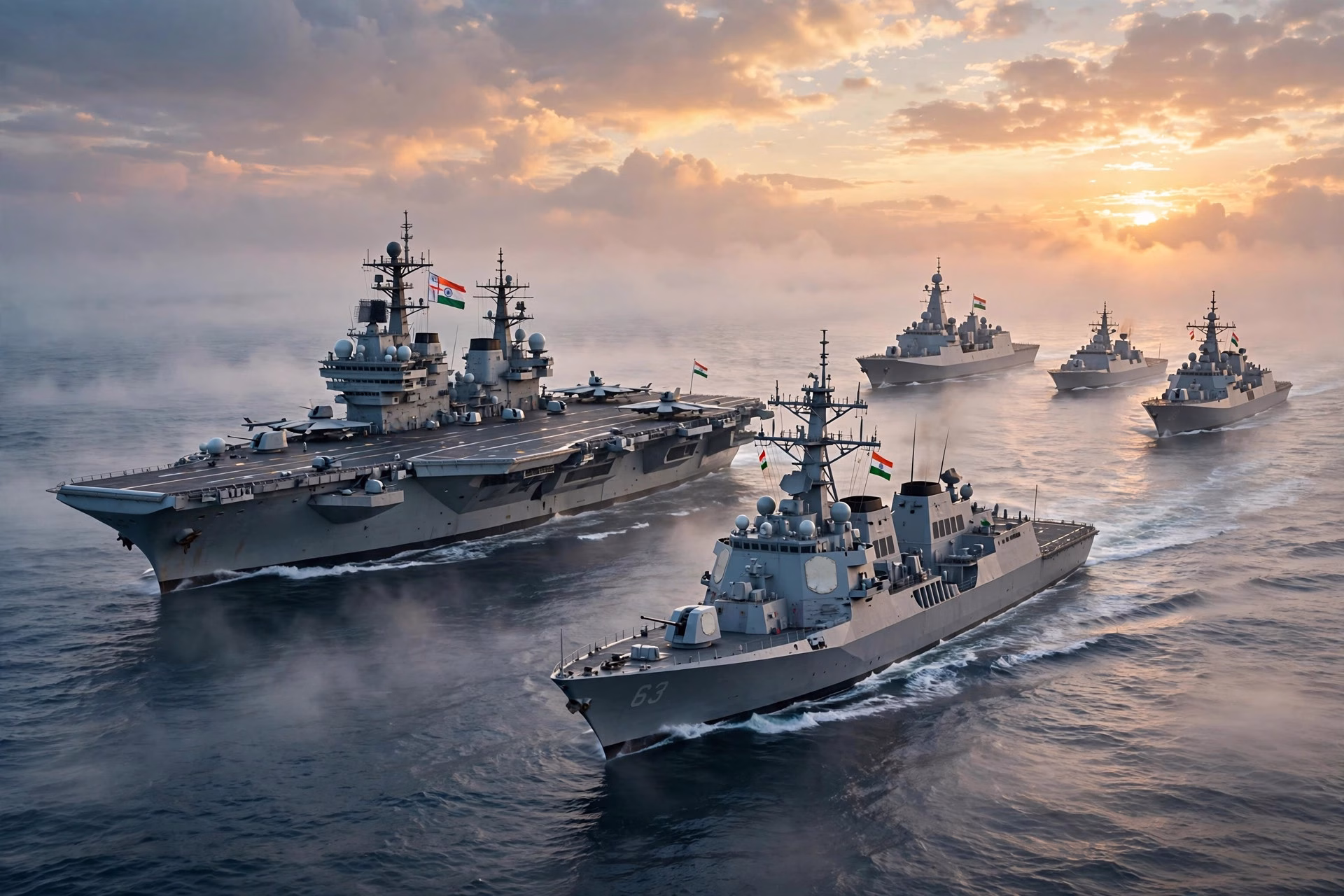 Indian naval fleet sailing in formation on the open ocean at dawn