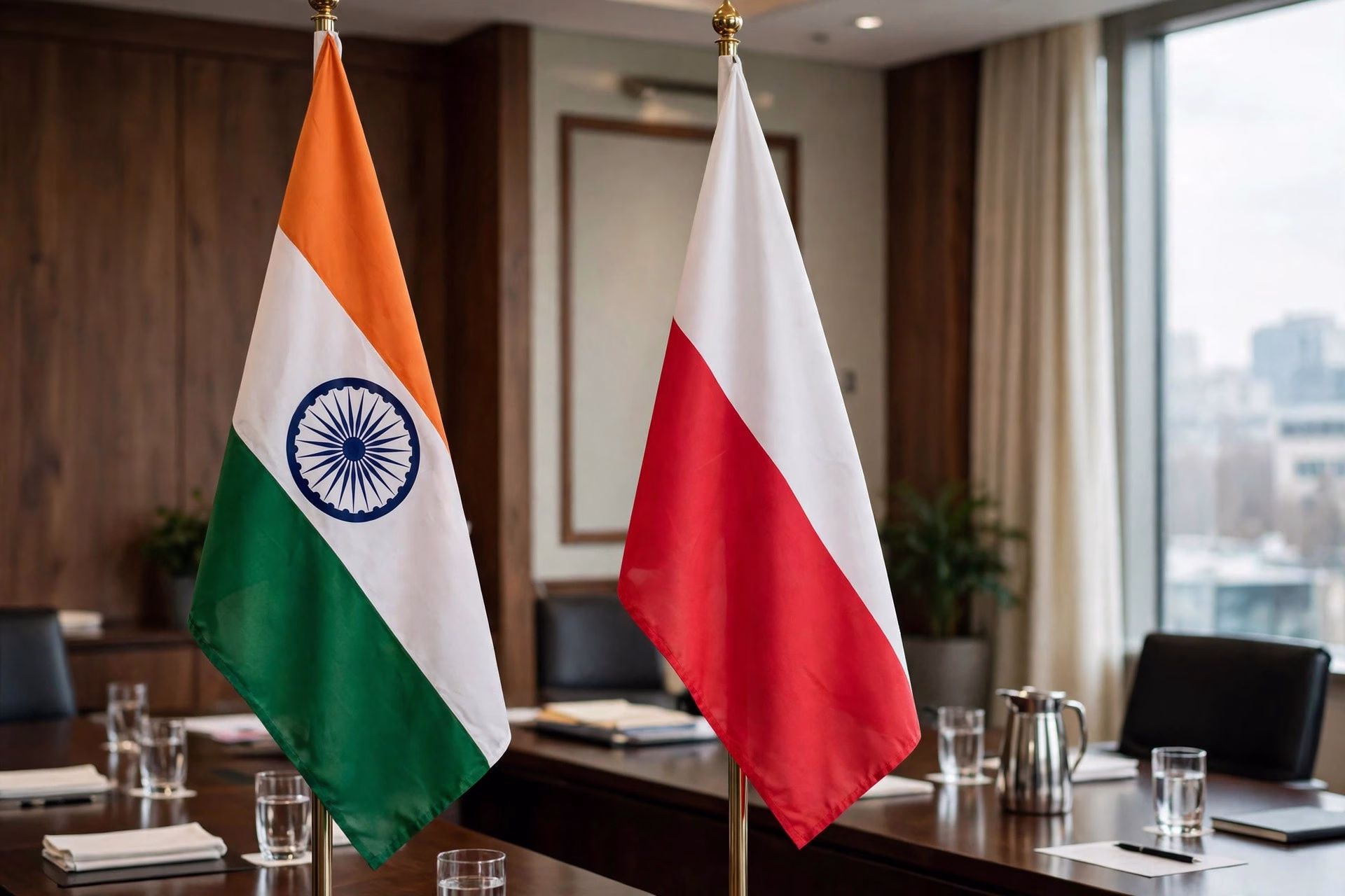 India and Poland flags displayed at the bilateral meeting venue in New Delhi