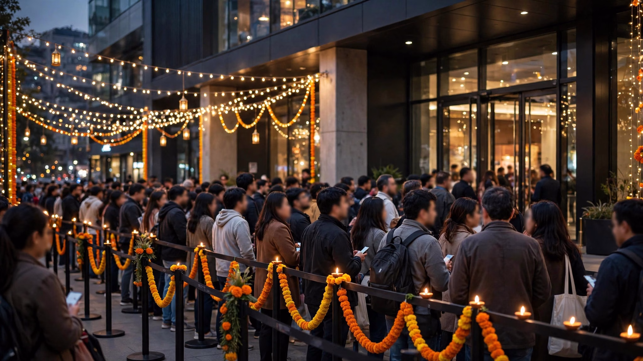 Moviegoers queueing at a multiplex as advance booking for Ramayana opens ahead of Diwali 2026