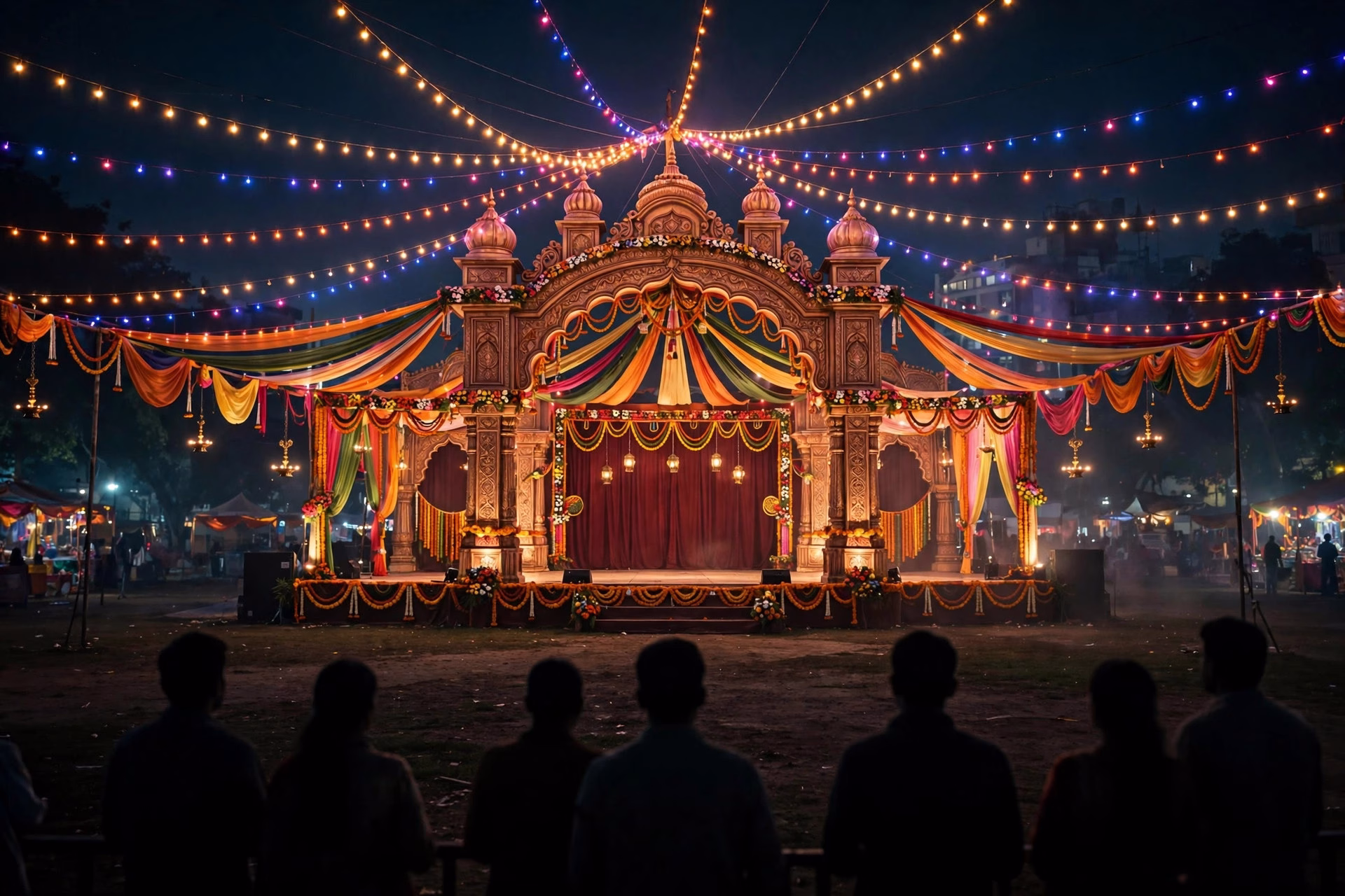 Illustration of devotees and spectators gathered at the Luv Kush Ramleela ground at Red Fort on Dussehra evening