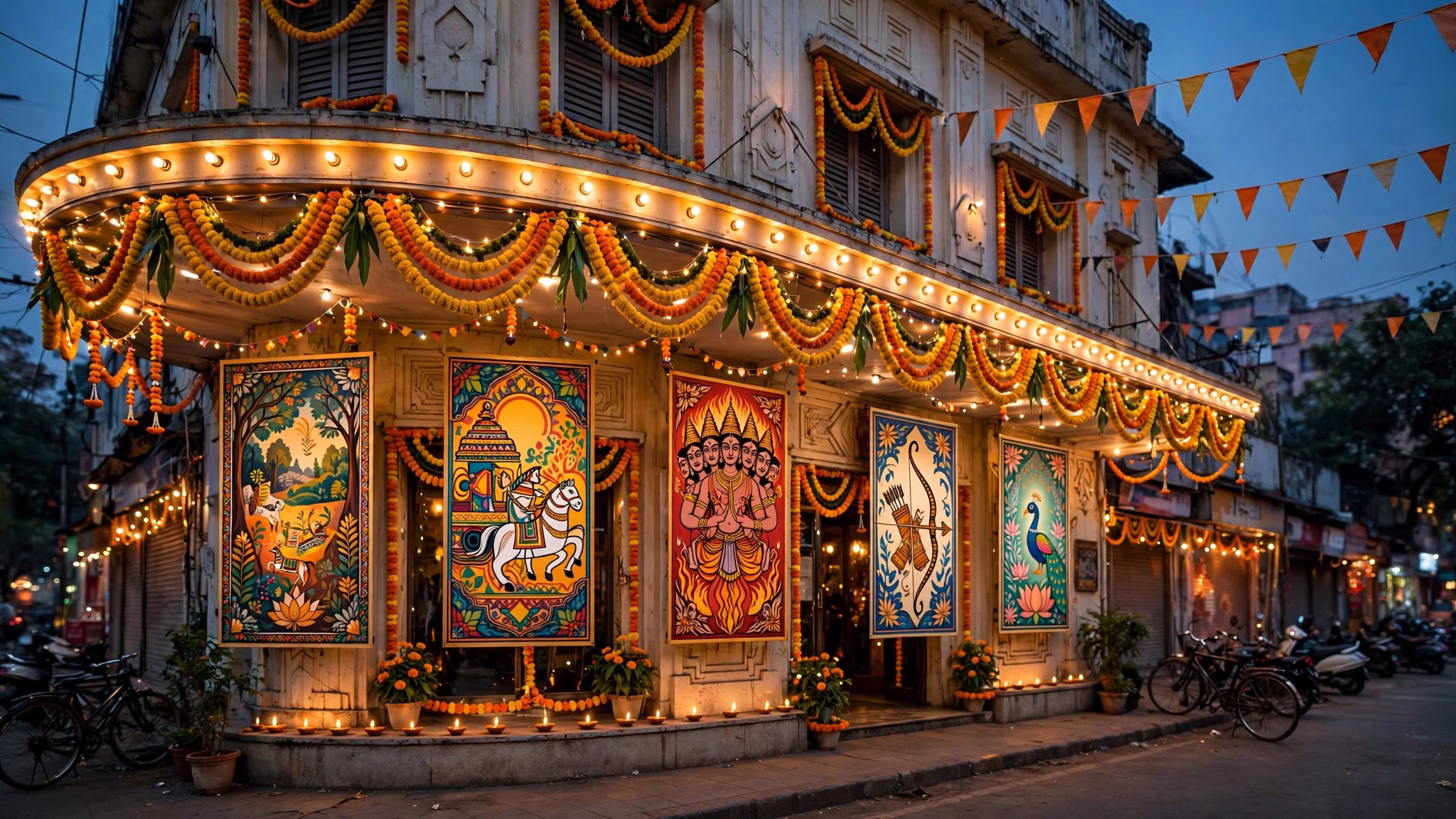 Wide landscape illustration of a cinema marquee decorated with festive Dussehra lights and colorful film banners