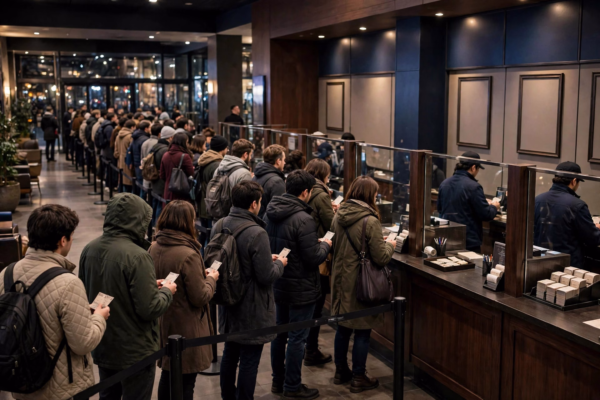 Wide landscape illustration of a movie theatre ticket counter with a long queue of moviegoers holding tickets