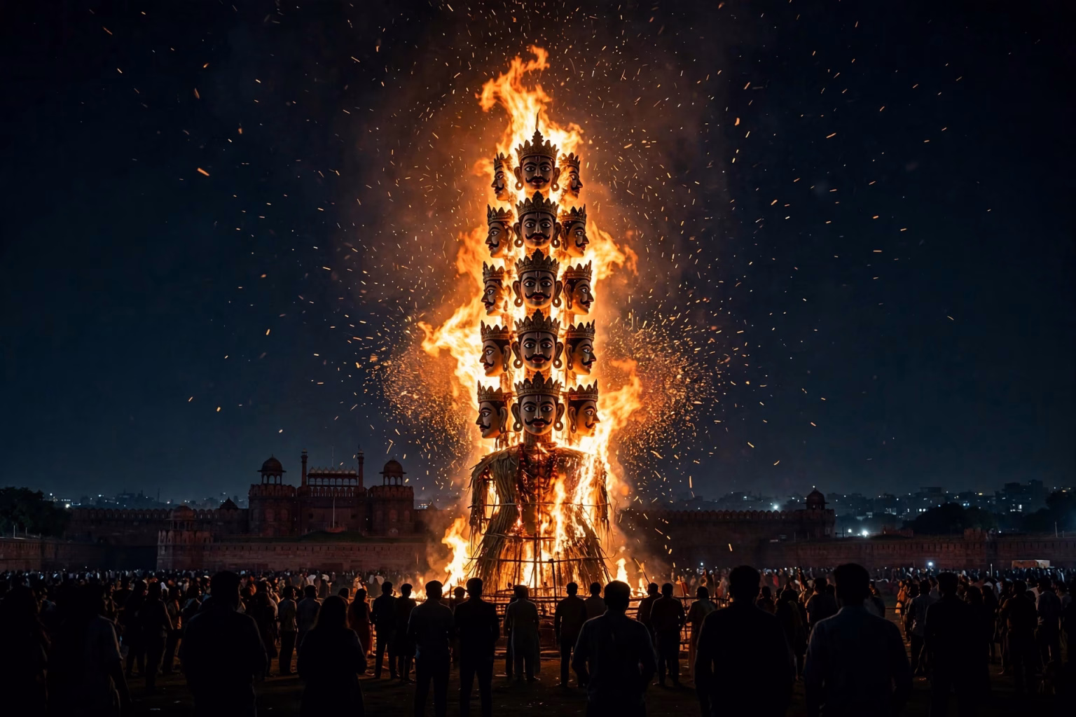 Yami Gautam to Perform Ravan Vadh at Luv Kush Ramleela in Delhi on Dussehra Illustration of a grand Dussehra effigy of Ravana burning against the evening sky over Delhi's Red Fort grounds