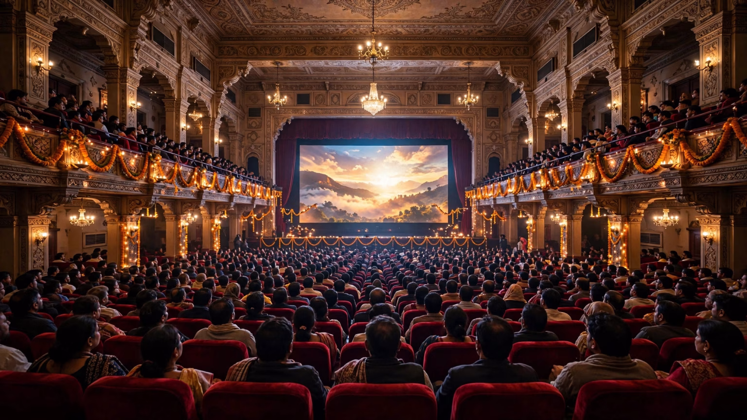 Wide landscape illustration of a grand Indian cinema hall with red seats and a glowing screen during a festive housefull show
