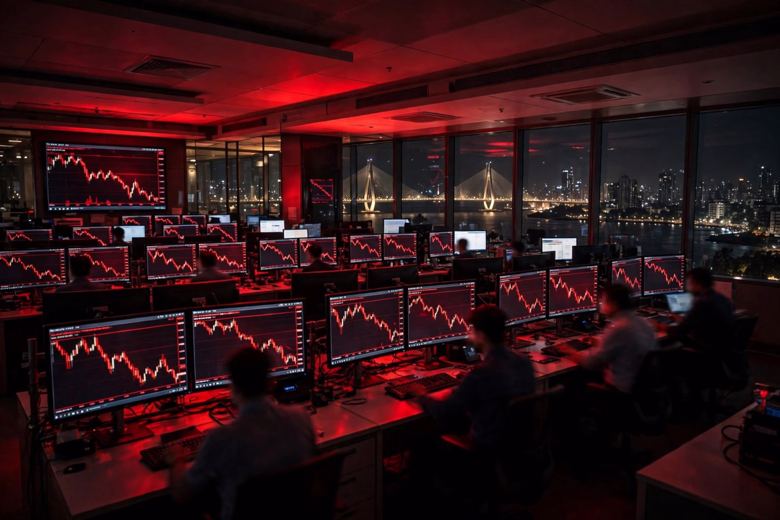 Stock market trading screens showing red declining Sensex charts in Mumbai