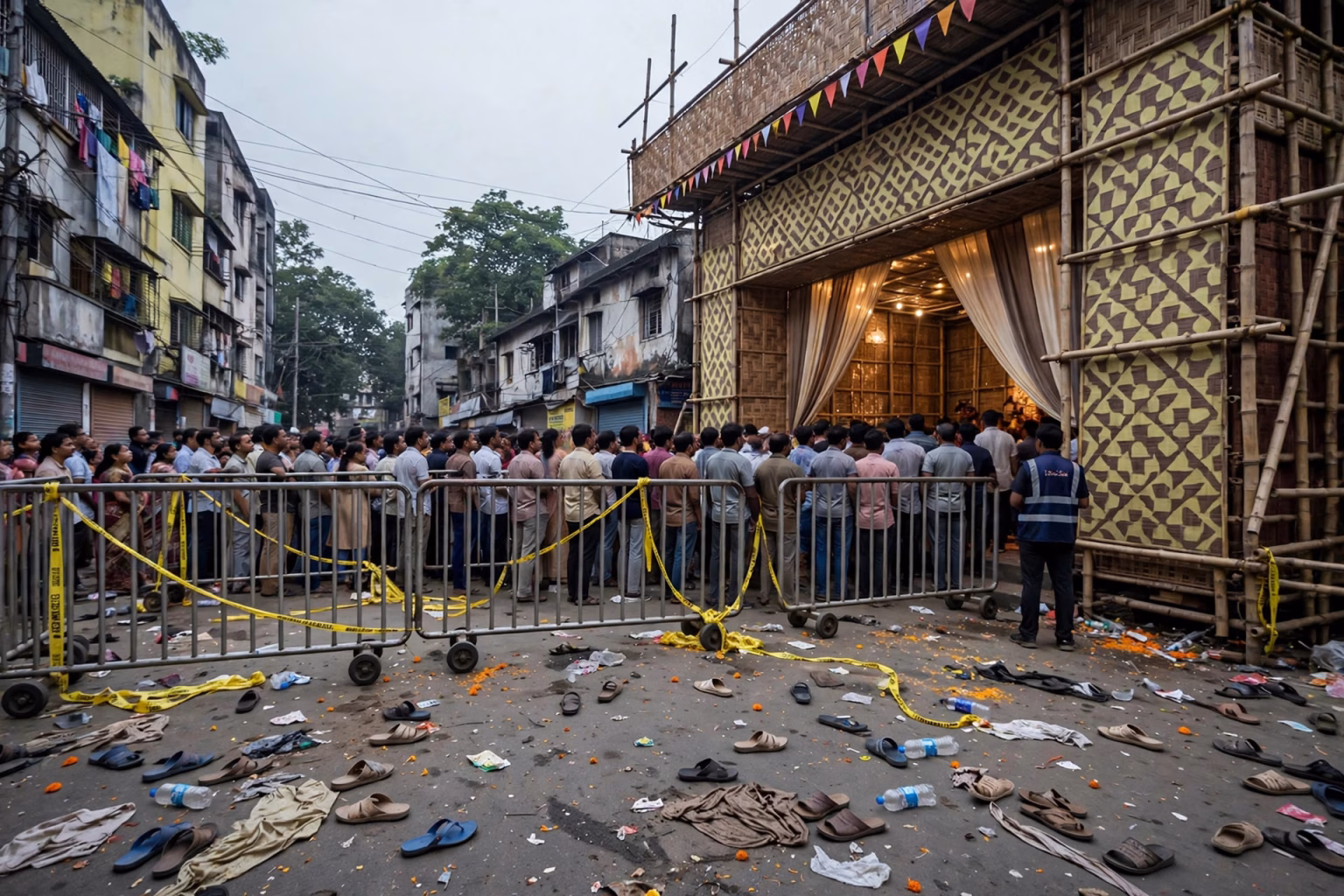 Kolkata pandal stampede probe: judicially-led SIT formed, seven accused in police custody till Oct 28 Crowd gathered near the Chorbagan Sarbojanin Durga Puja pandal in north Kolkata after the stampede