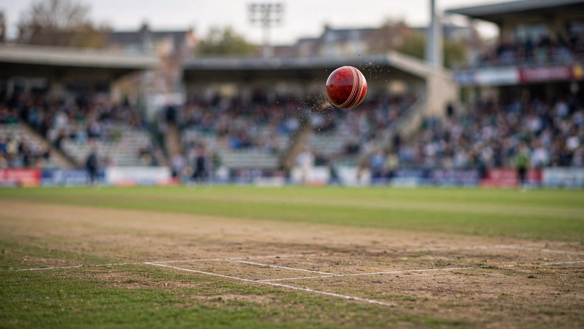 Wide landscape illustration of a generic cricket ball mid-flight over a pitch with stadium crowd blurred in the background