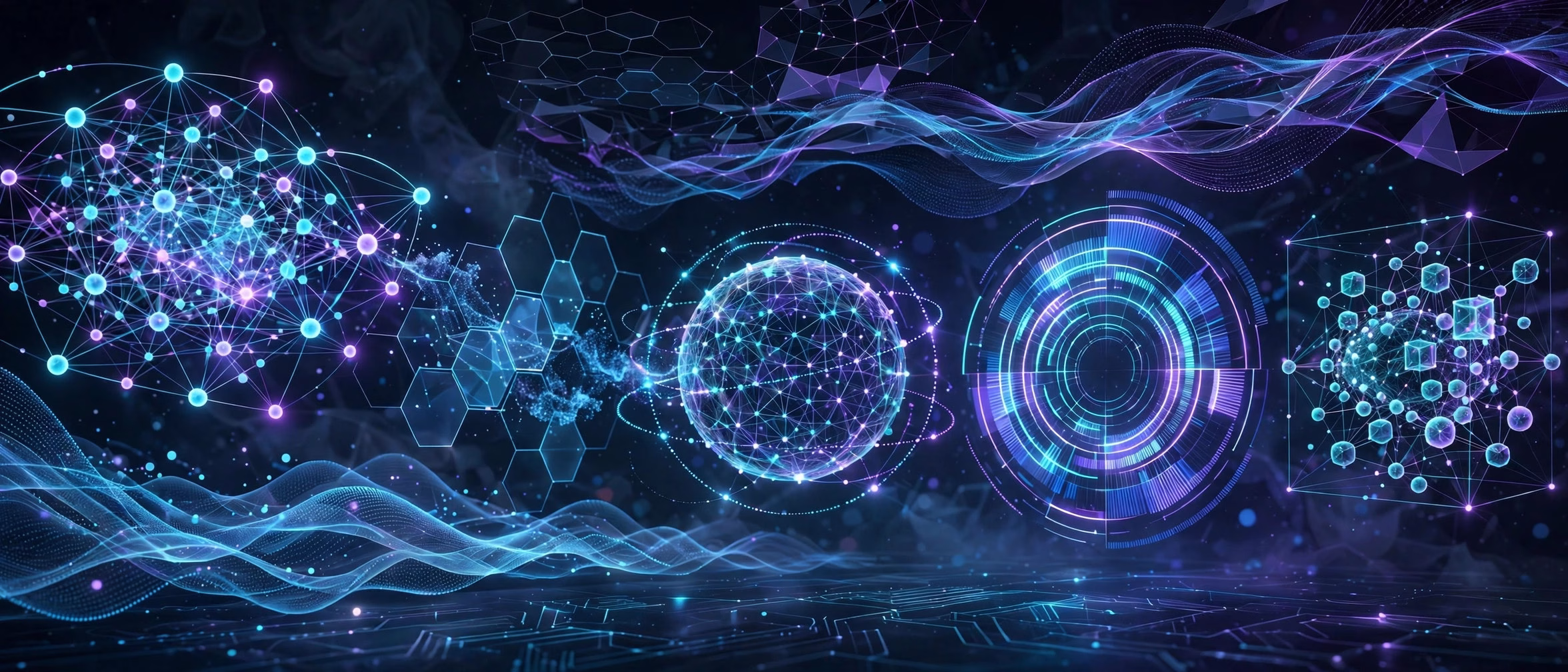 Artificial intelligence data analytics dashboard with futuristic visualisations
