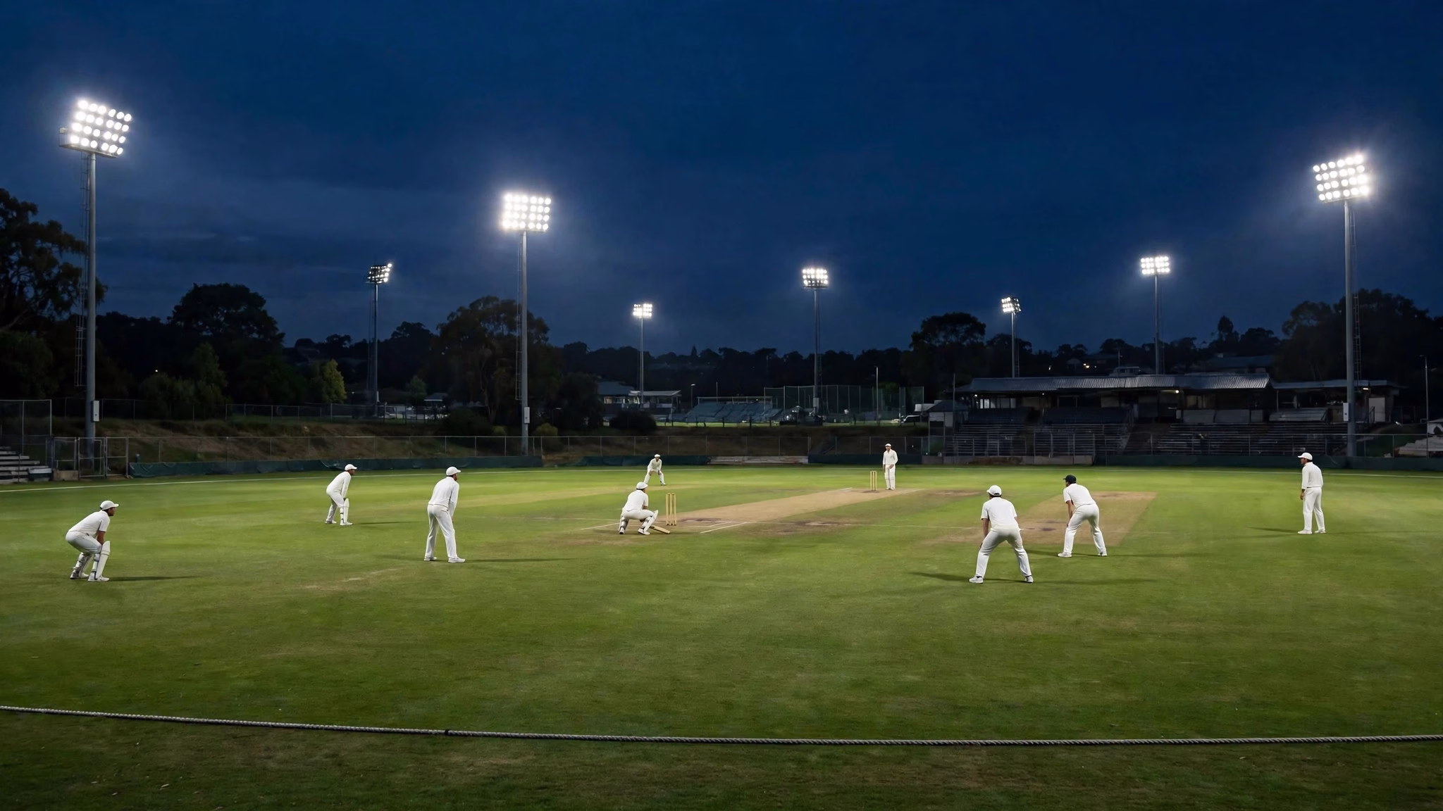 Wide landscape illustration of a domestic cricket match scene with fielders in generic whites under floodlights