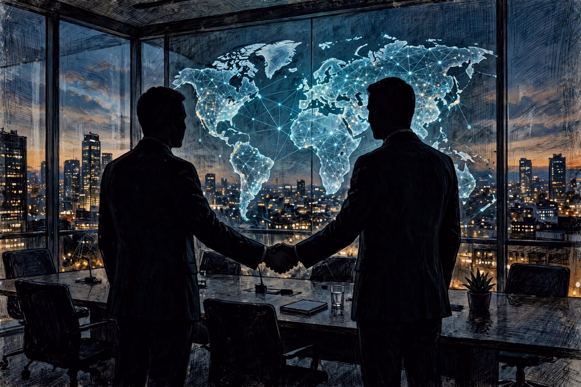 Corporate boardroom handshake over a technology acquisition deal
