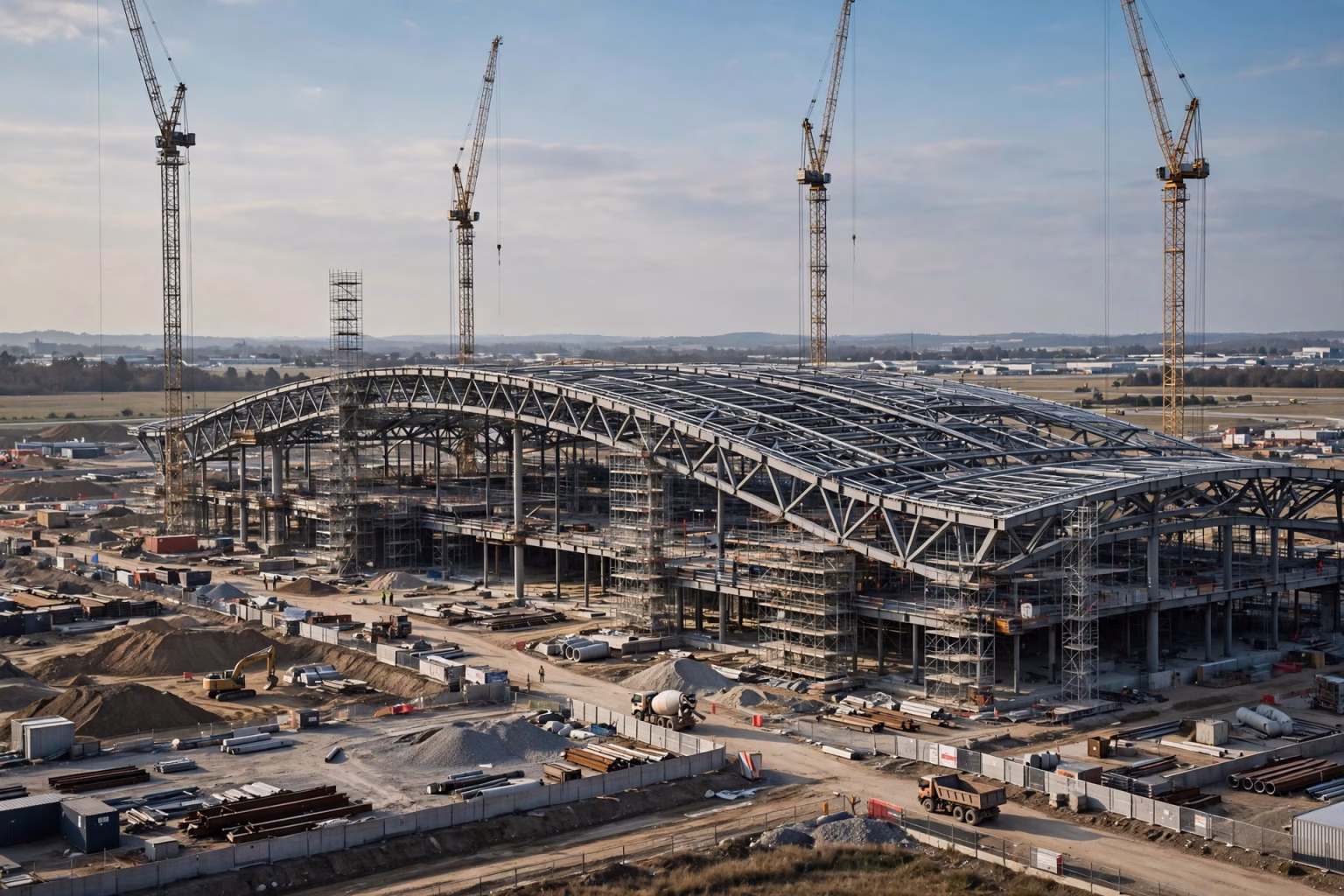 L&T Begins Initial Work on Ultra-Mega New Tashkent International Airport in Uzbekistan Illustration of a modern airport terminal building with glass facade under a wide Central Asian sky