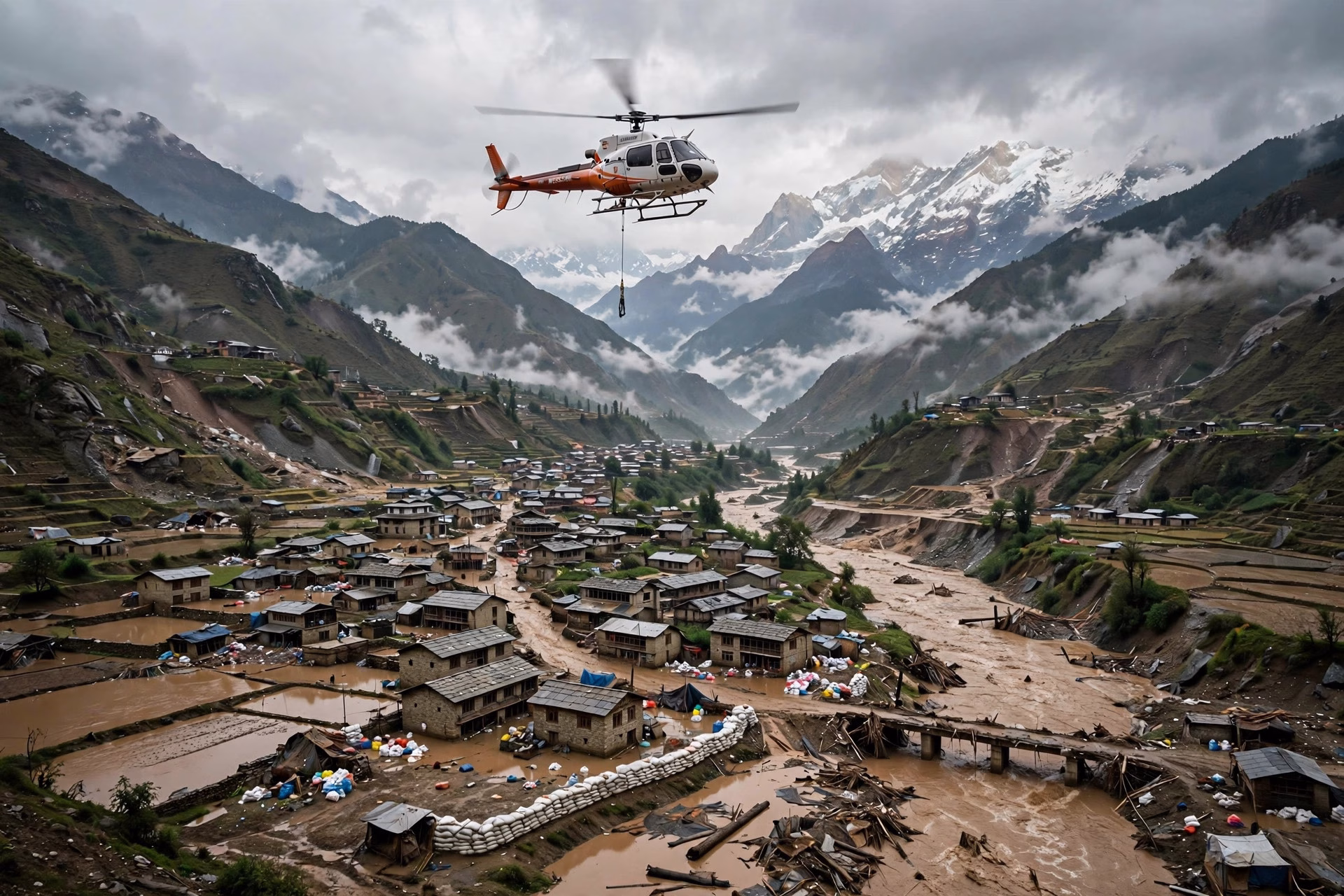 Nepal Army personnel rescuing residents during flood relief operations in Gorkha district