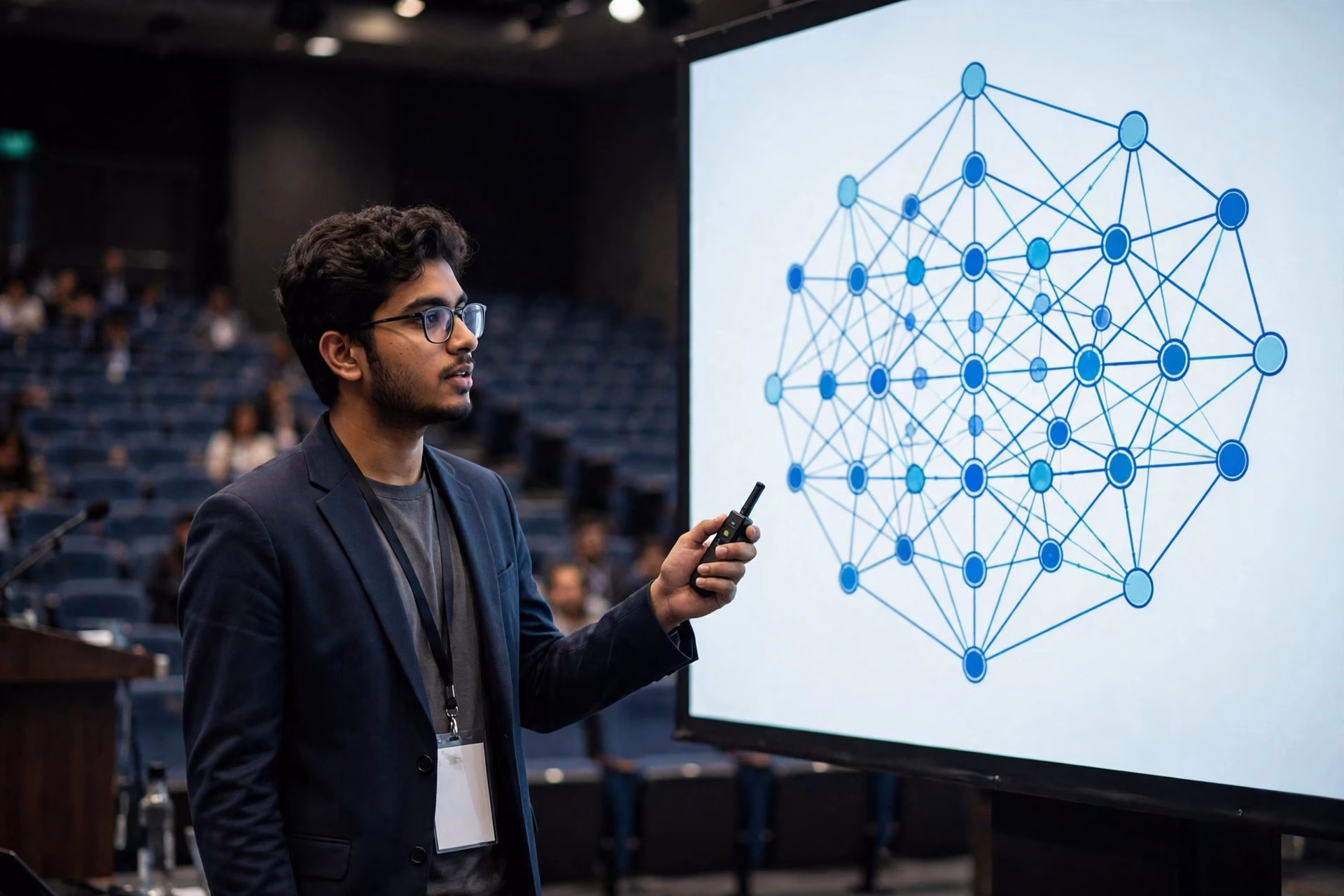 PhD scholar presenting AI research work at an international academic conference
