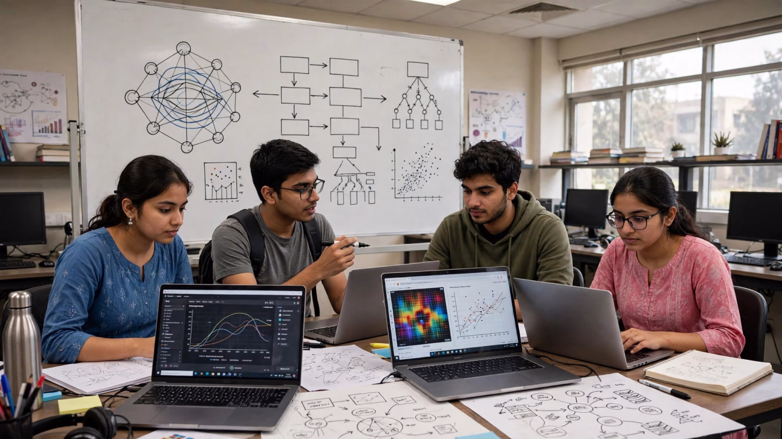 Students working on artificial intelligence research in a university computer laboratory under the IndiaAI Fellowship