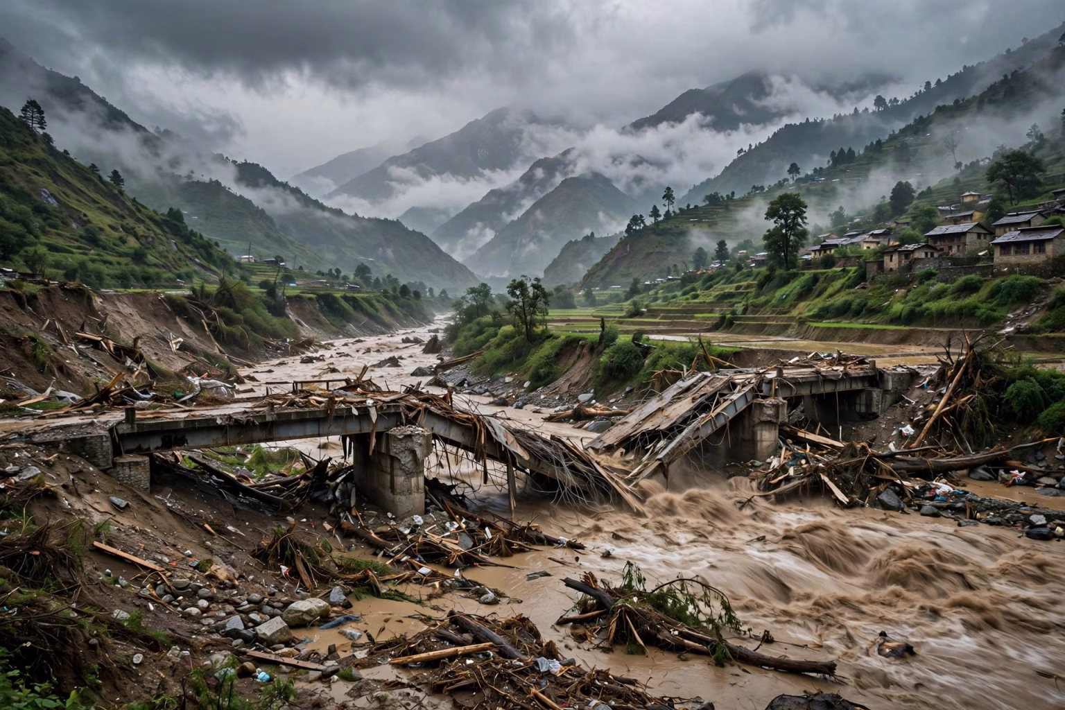 Swollen muddy Budhi Gandaki river surging through a narrow Himalayan valley after a landslide dam burst