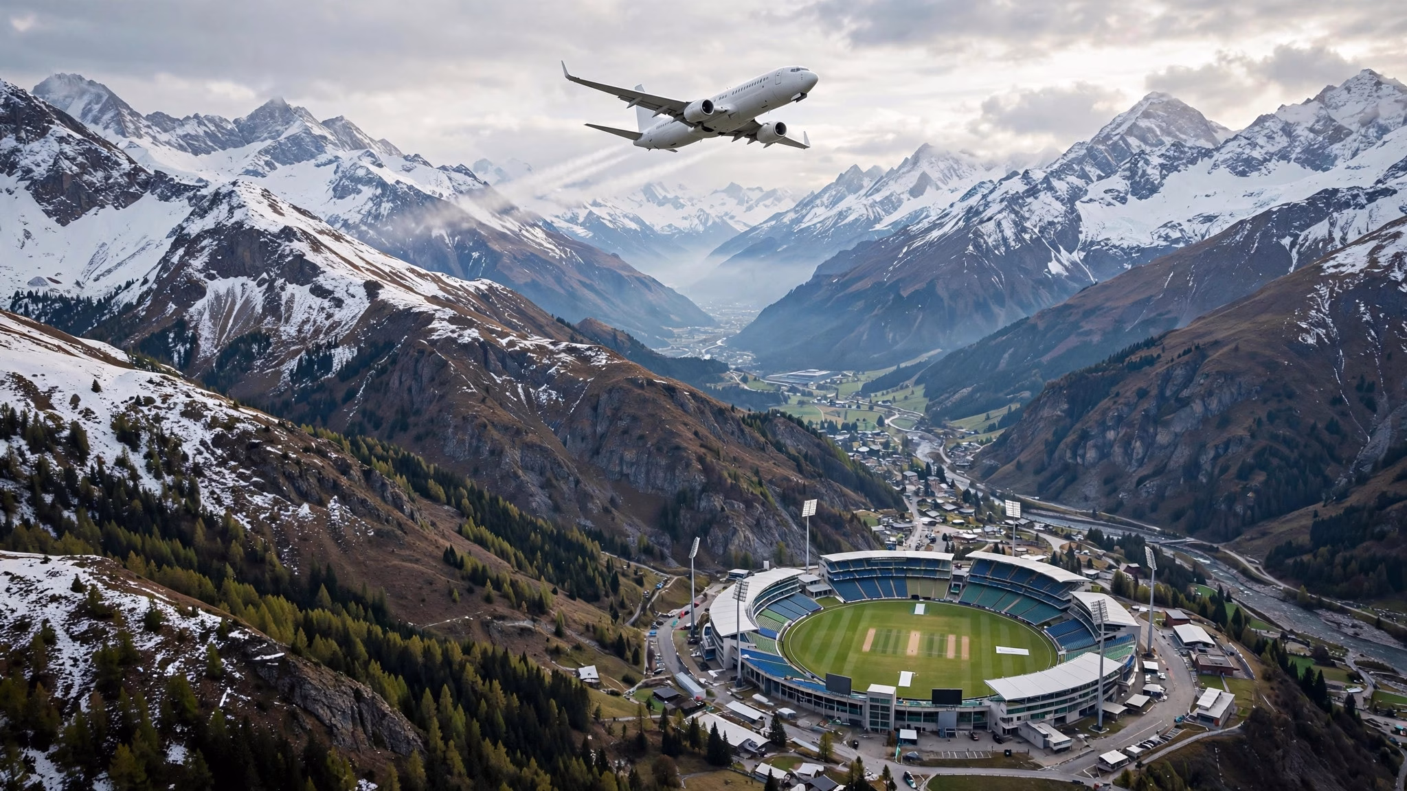 Wide landscape illustration of a generic airplane flying over snow-capped mountains towards a cricket stadium