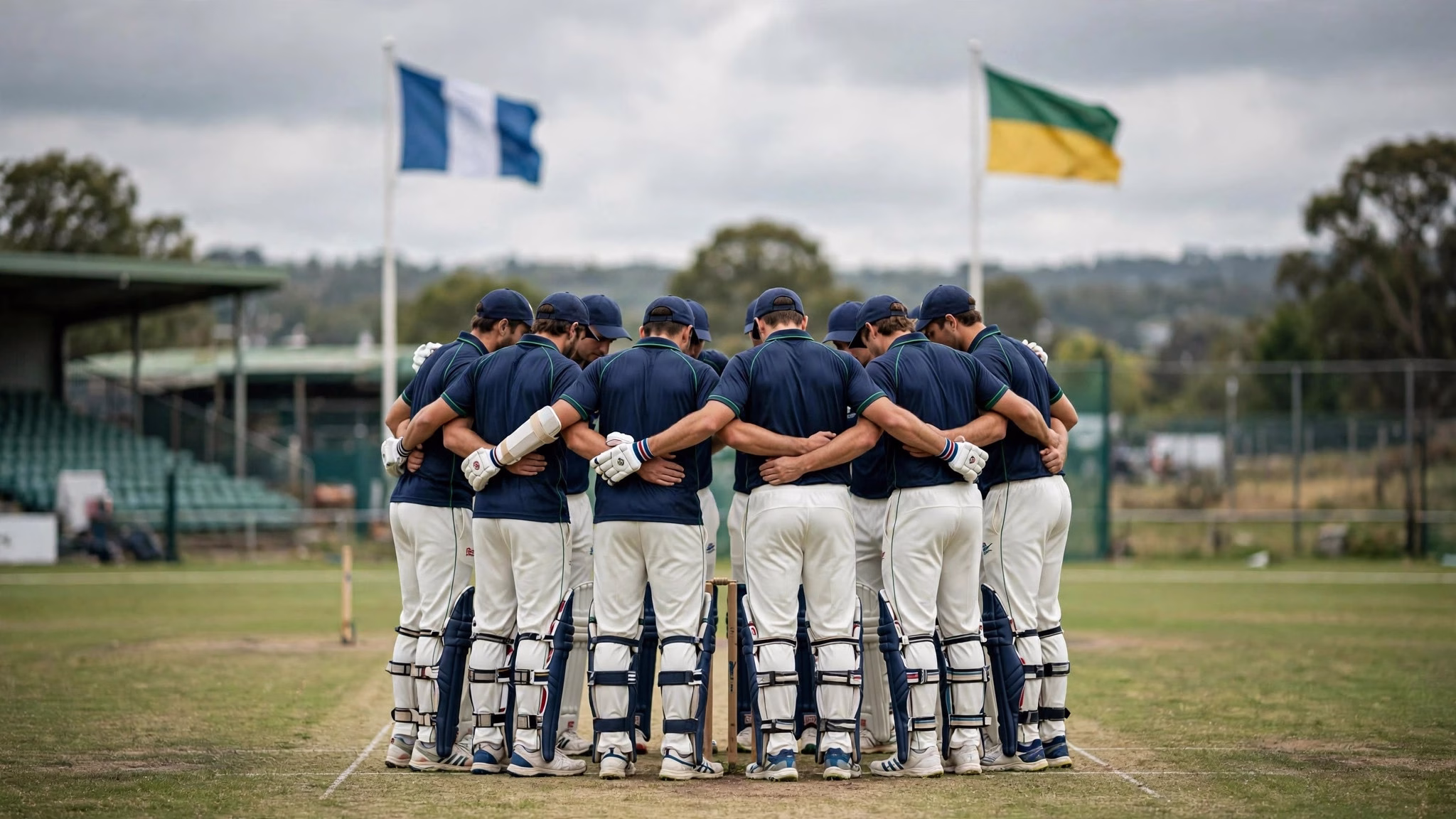 Wide landscape illustration of a generic cricket team huddle on the field with flags of two nations in the background