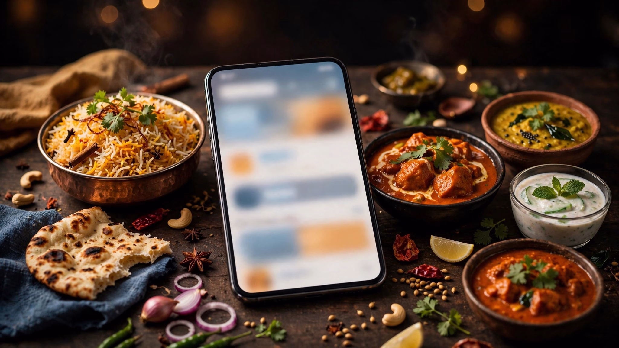 Food delivery app interface concept with Indian restaurant dishes