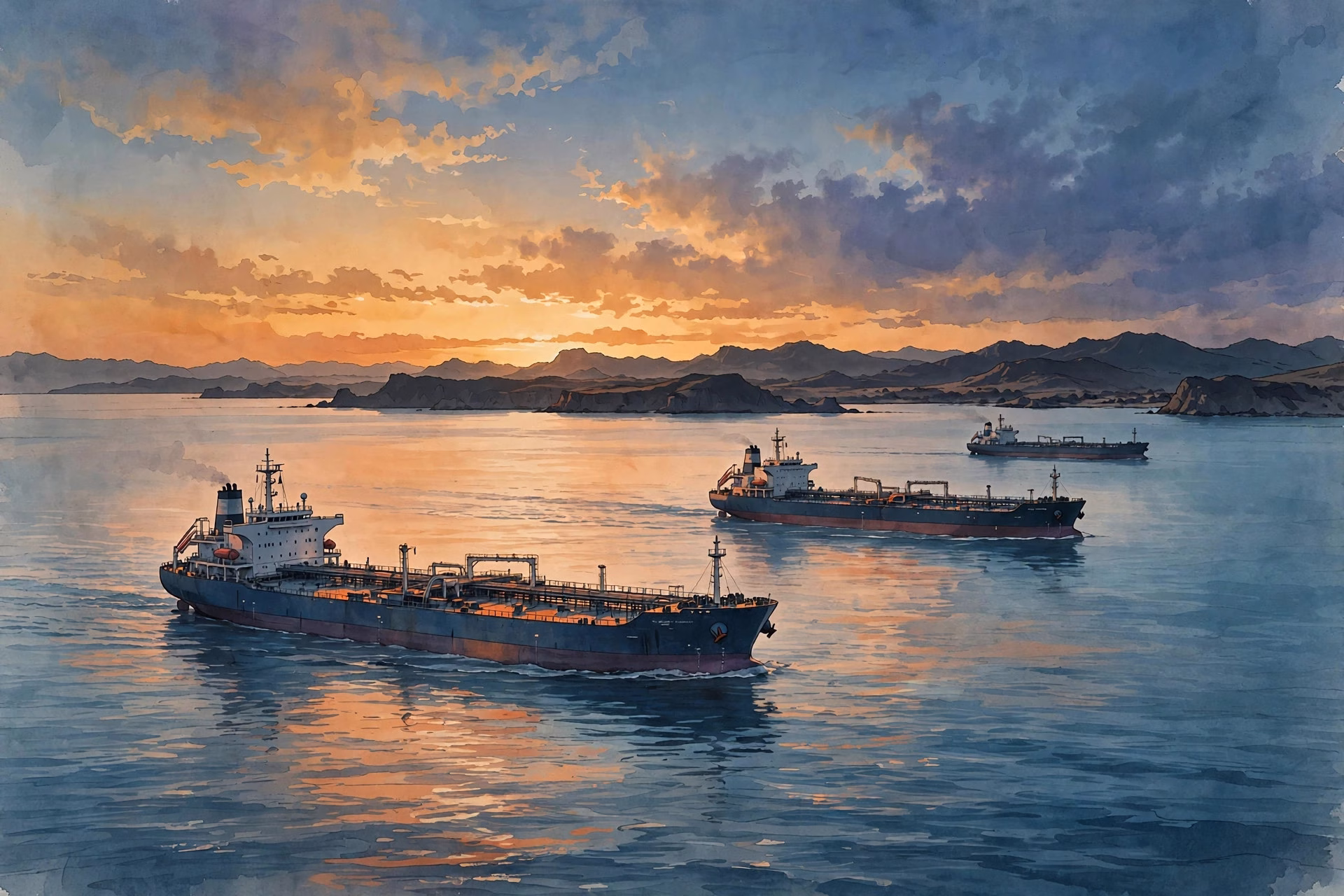 Silhouette of port cranes and docked cargo vessels against an evening sky