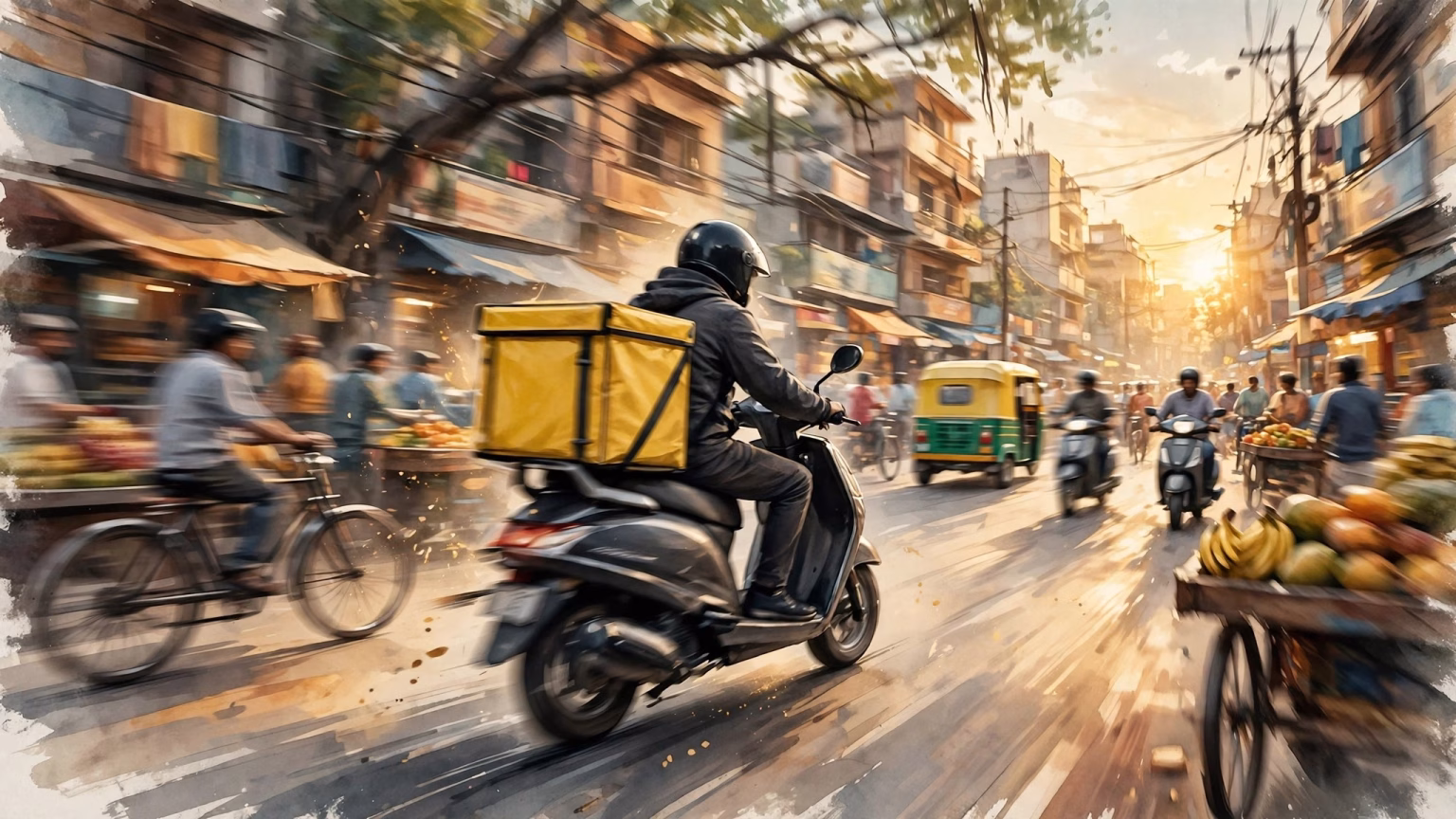 Blinkit delivery rider with branded bag beside a Zomato food delivery setup in an Indian city