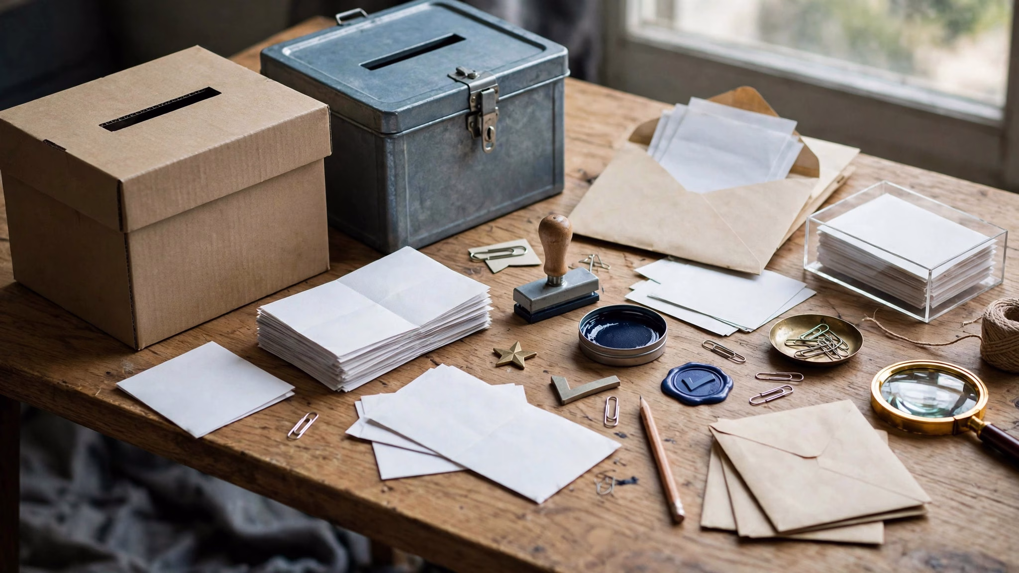 Editorial illustration of ballot boxes and voting symbols arranged on a desk