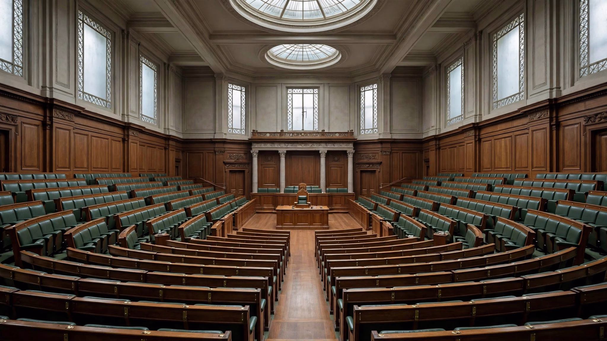Abstract editorial illustration of a parliamentary chamber interior with rows of empty seats