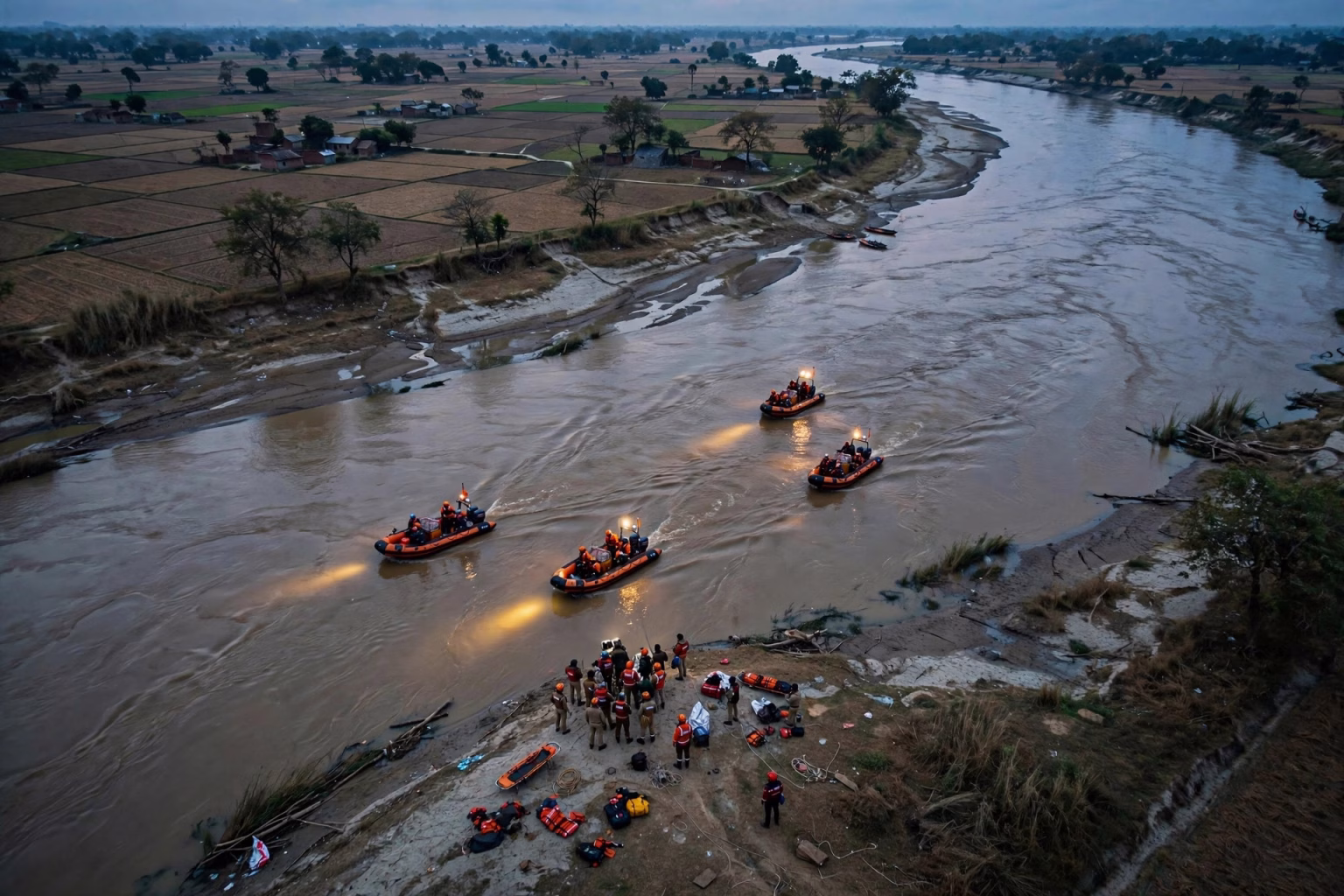 Rescue boats and SDRF personnel at the boat capsize site in Vaishali's Raghopur Diara area, Bihar