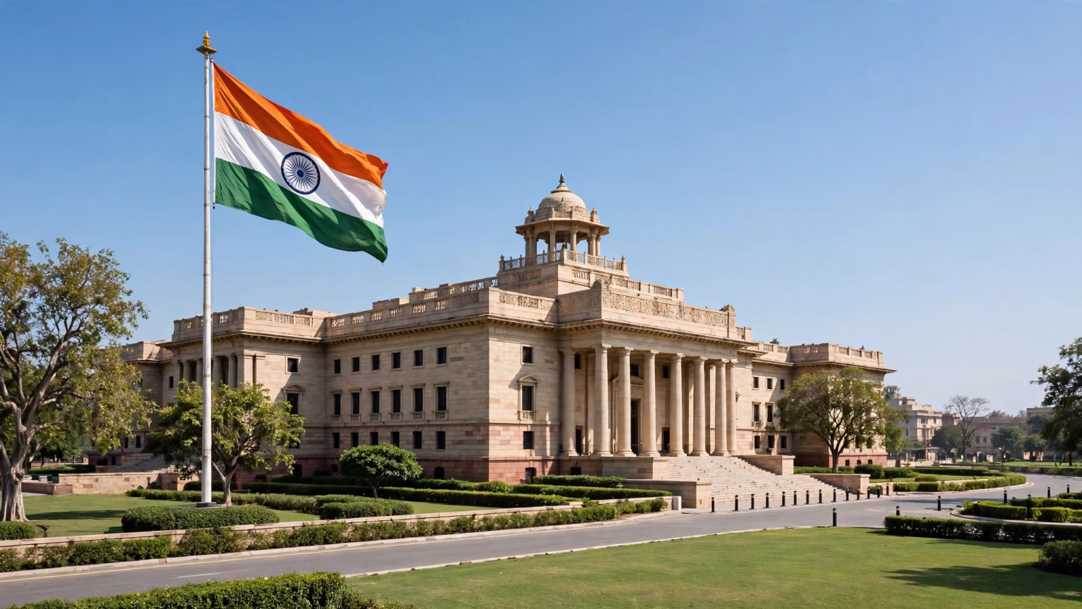 Wide landscape illustration of an Indian government building with the national flag against a clear sky