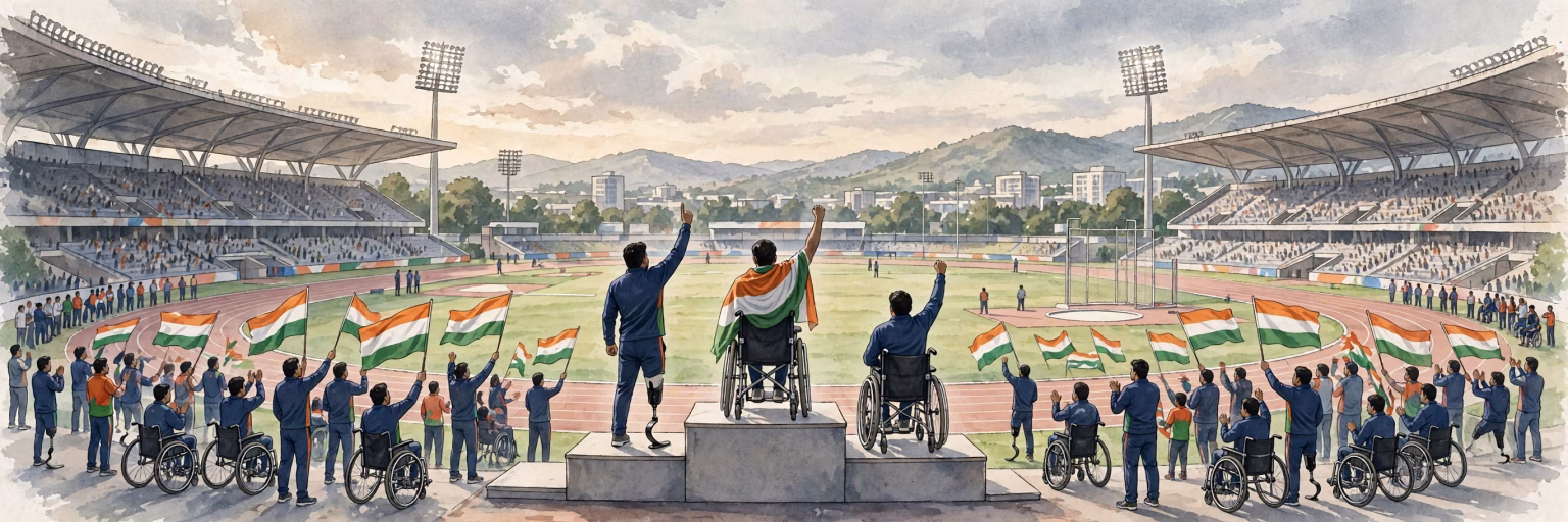 Indian para shot put athletes celebrating a podium sweep at the Asian Para Games 2026 stadium