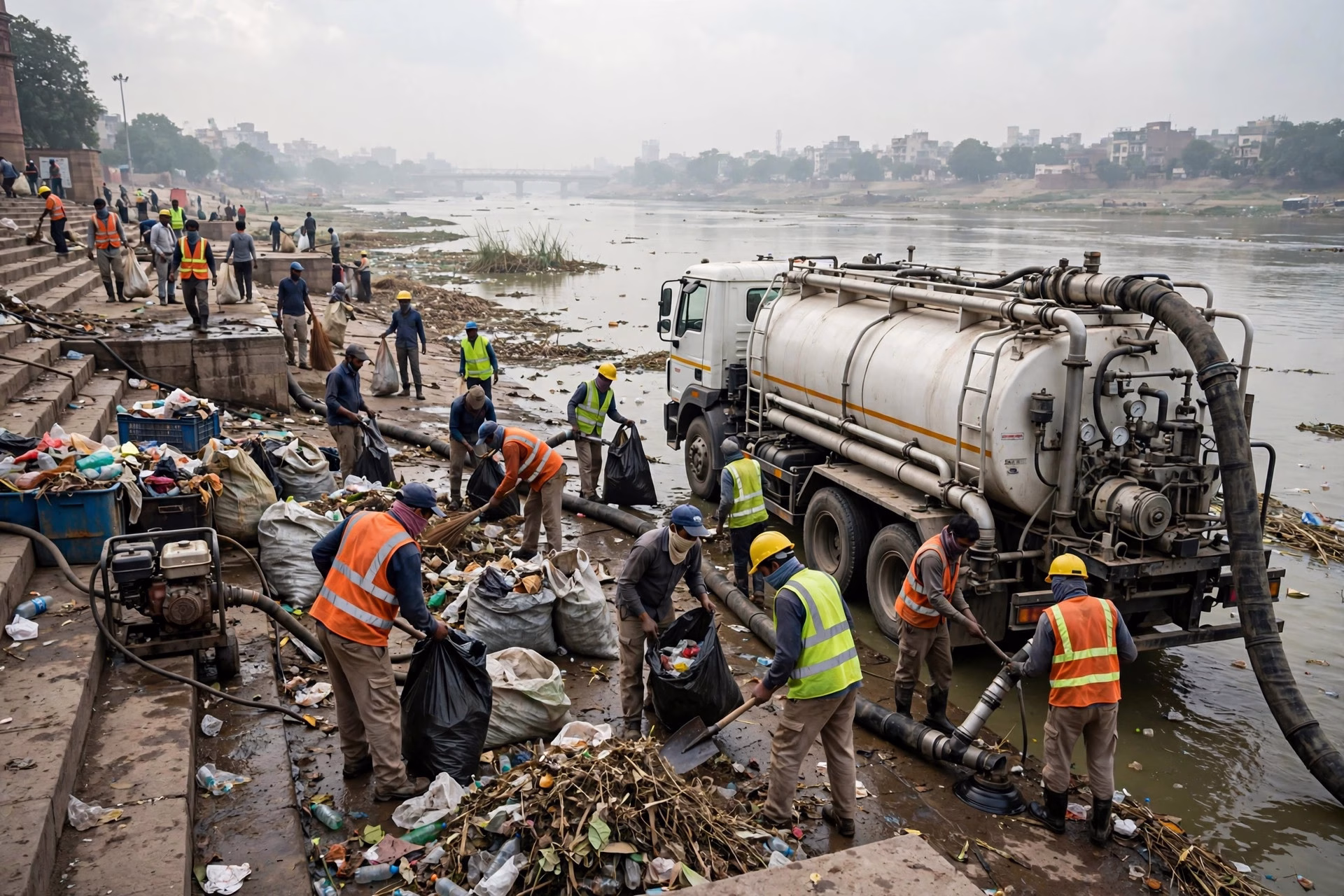 Polluted stretch of the Yamuna with white foam churning near the Kalindi Kunj barrage
