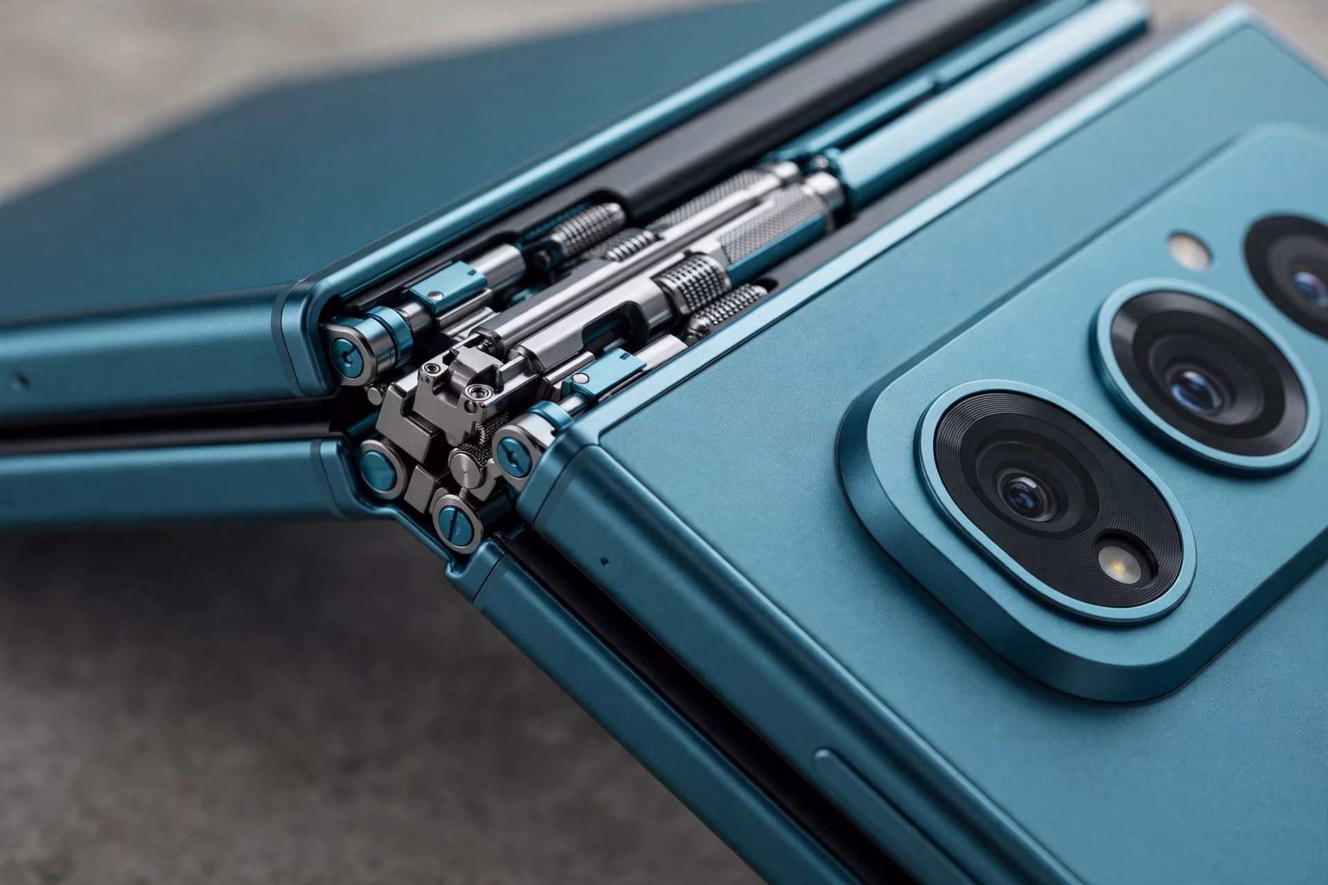 Close-up of a foldable phone's hinge and camera module with a teal finish