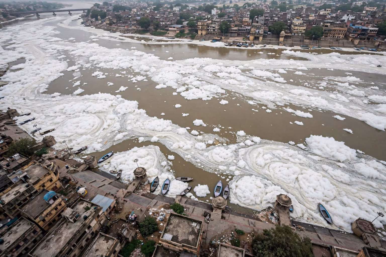 Toxic Foam Returns to Yamuna at Kalindi Kunj, Days After Centre’s Rs 8,941-Crore Cleanup Push Thick toxic foam floating on the Yamuna river at Kalindi Kunj in Delhi