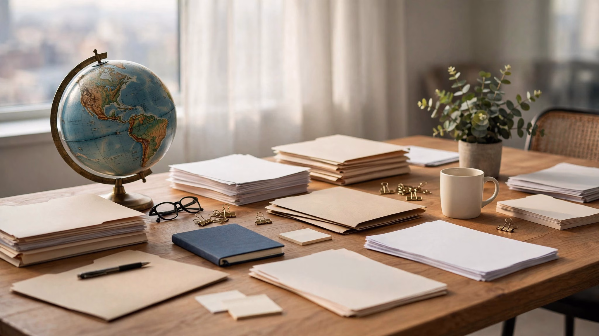 Editorial illustration of a conference table with documents and a globe in soft window light