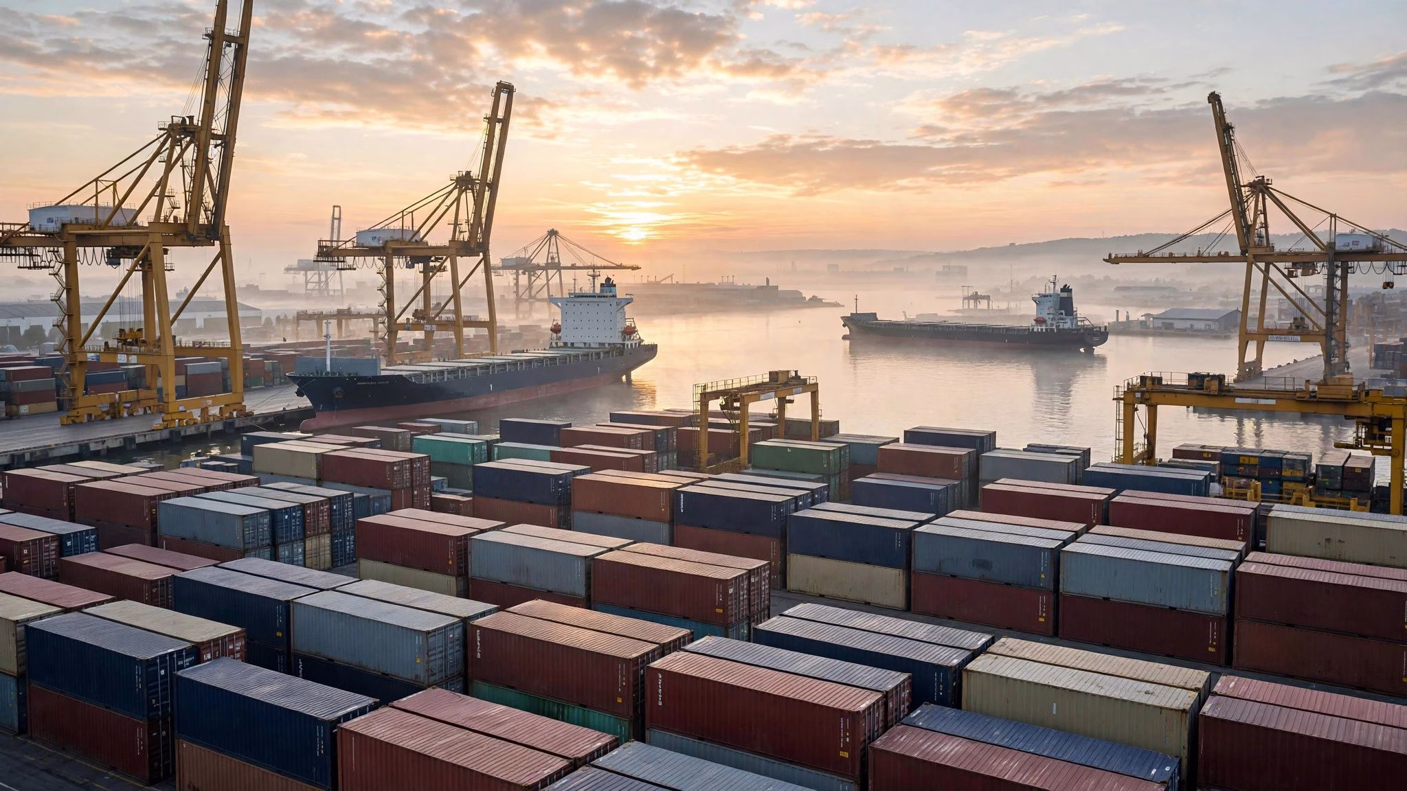Illustration of cargo ships and shipping containers at a port at sunrise