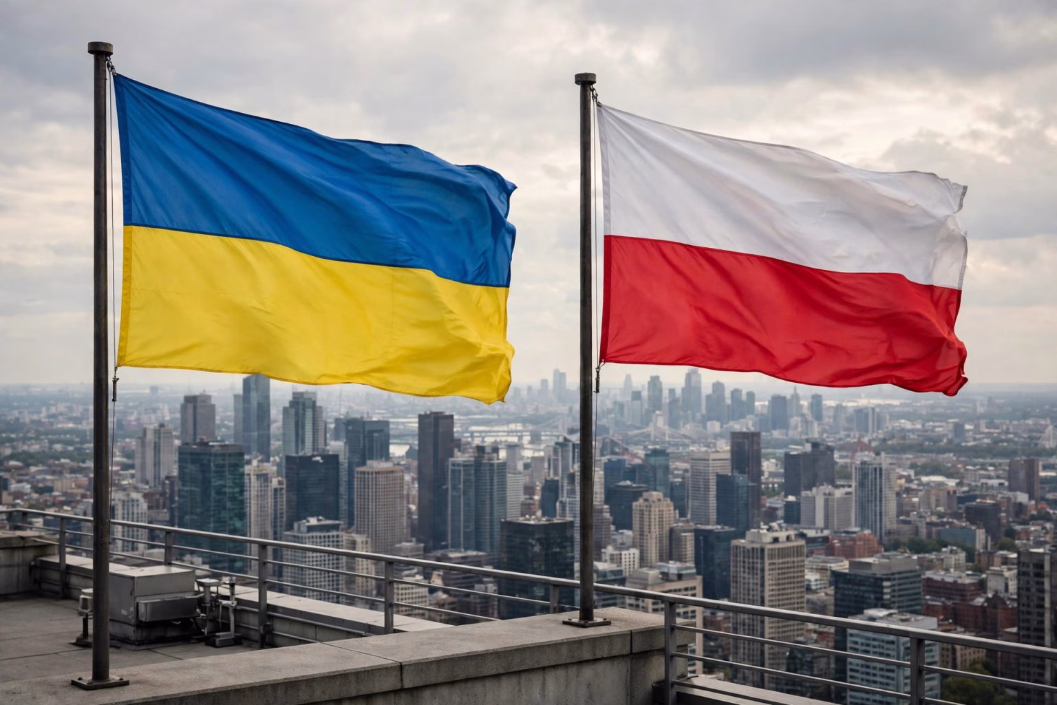 Wide landscape illustration of two national flags flying side by side against a city skyline