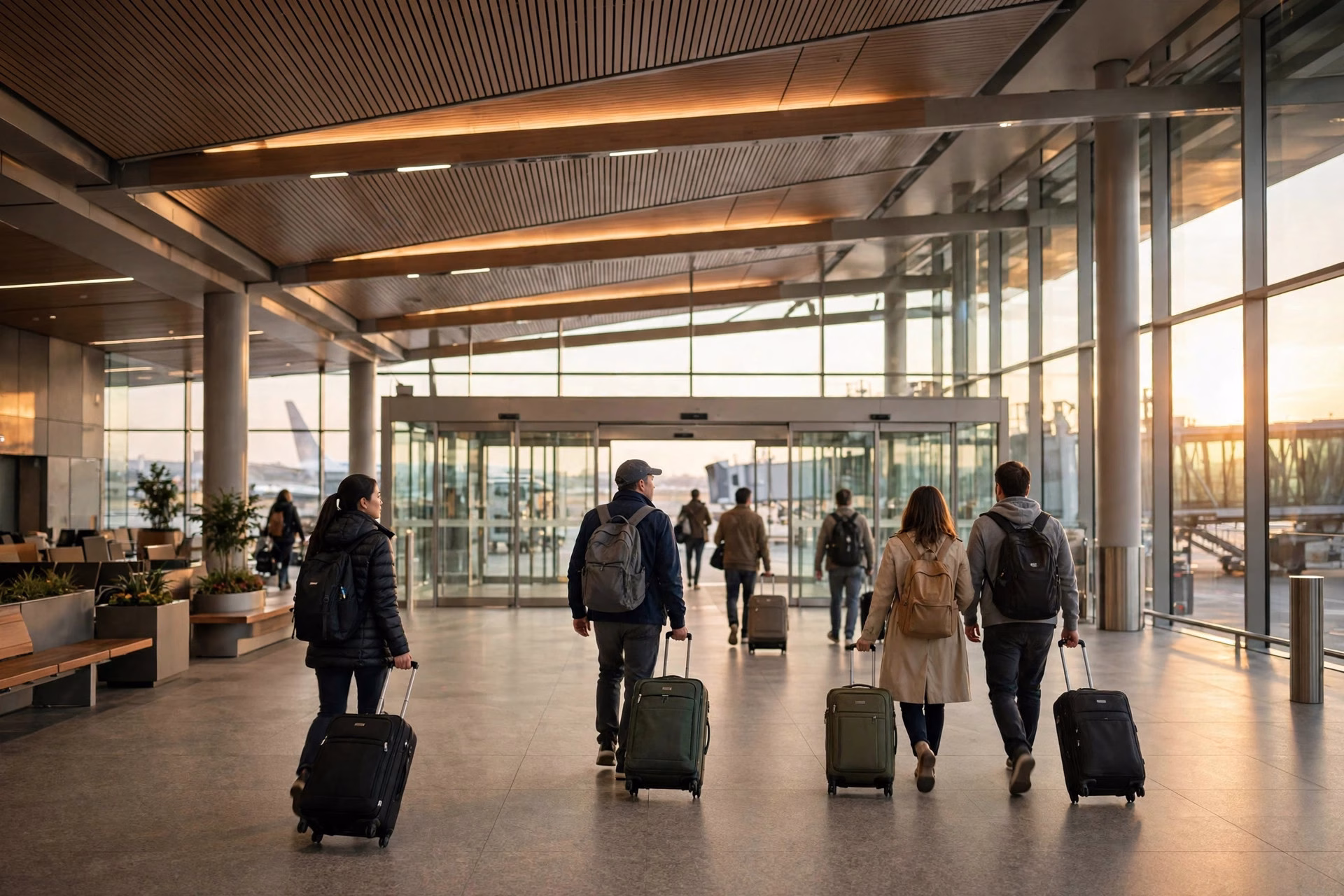 Airport terminal with travellers walking toward departure gates