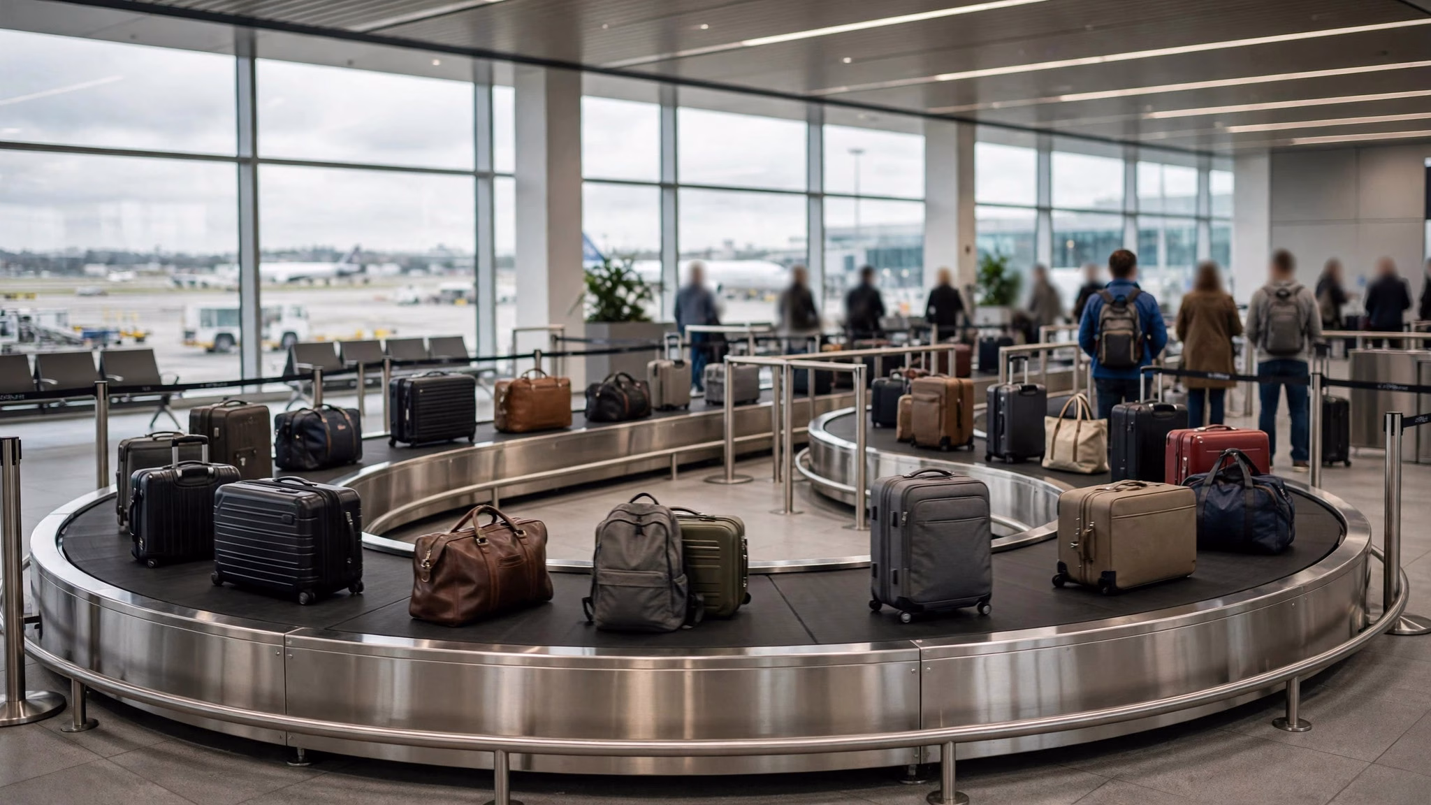 Editorial illustration of an airport arrivals hall with luggage conveyor belts