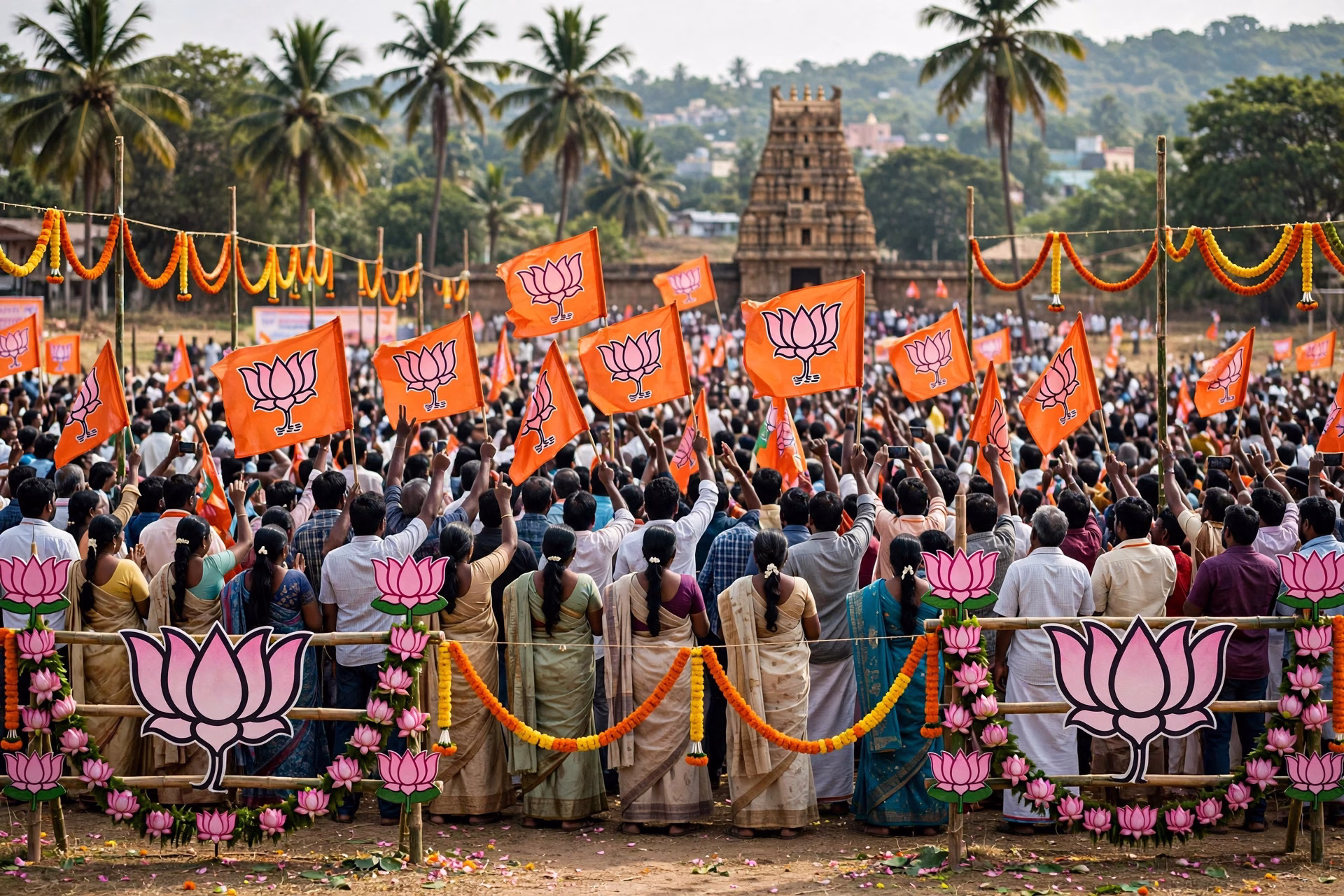 BJP flags at a party event in Tamil Nadu