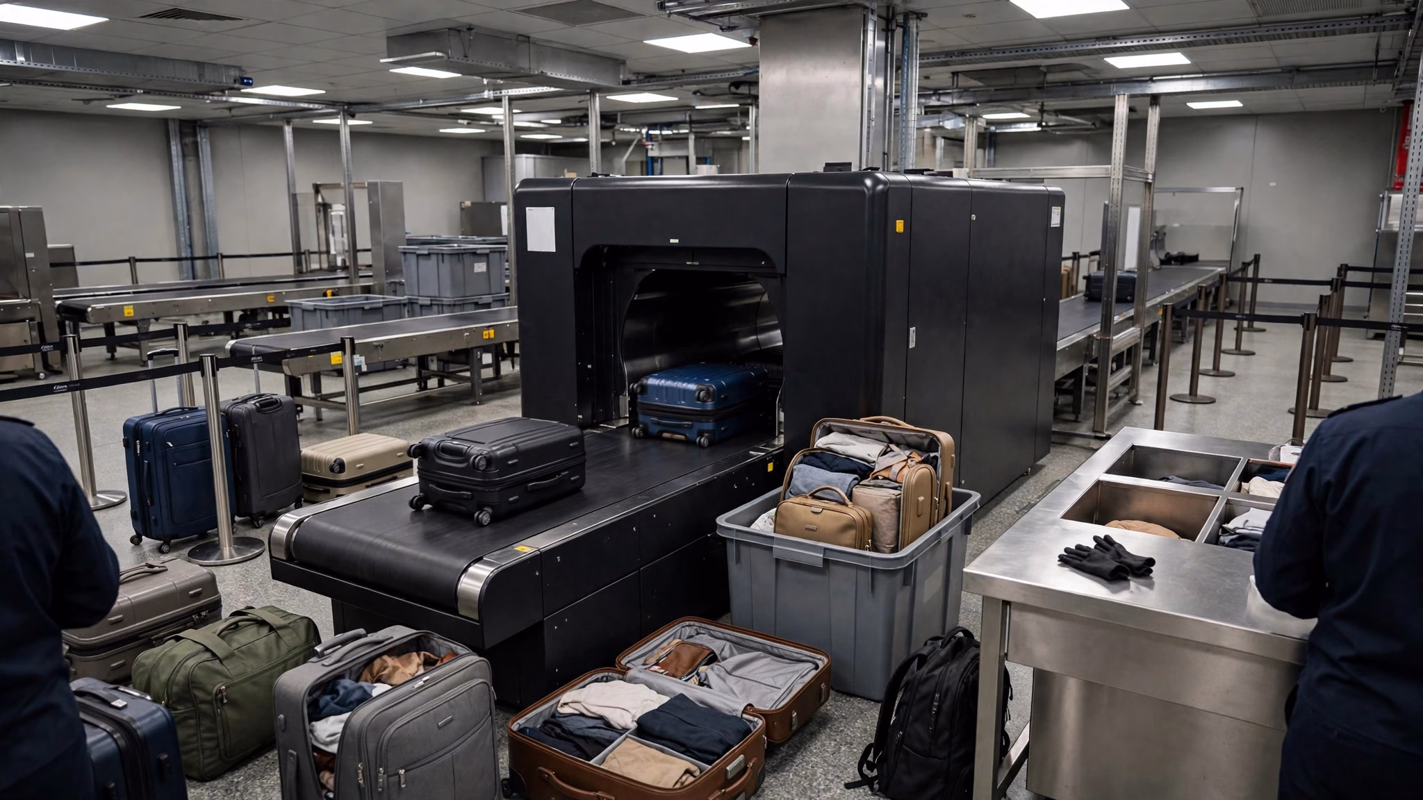 Illustration of a customs inspection area with suitcases and scanning equipment