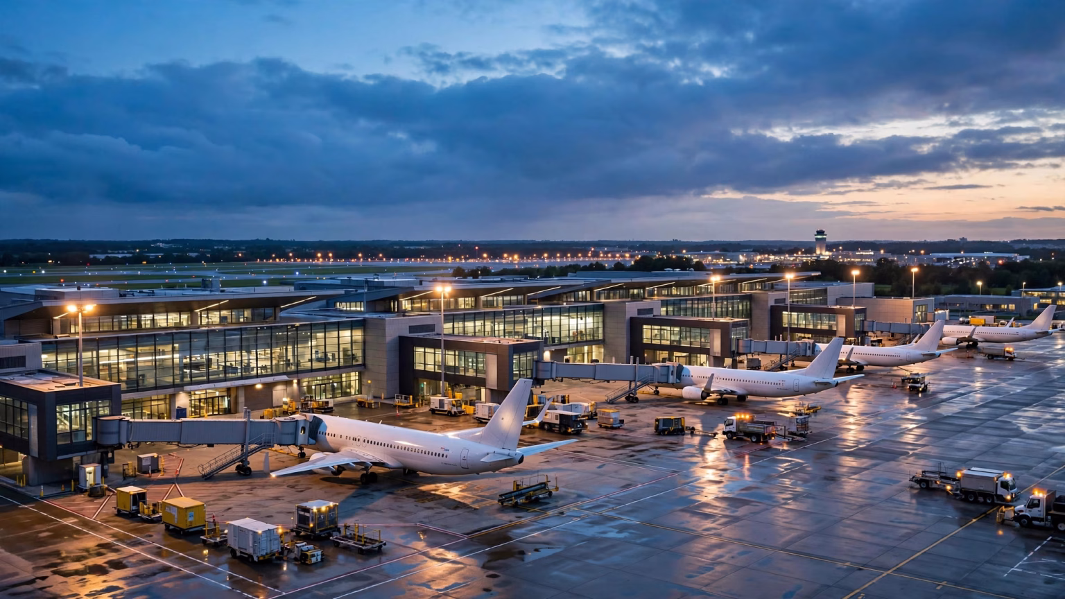Wide landscape illustration of an airport terminal exterior at dusk with aircraft on the tarmac