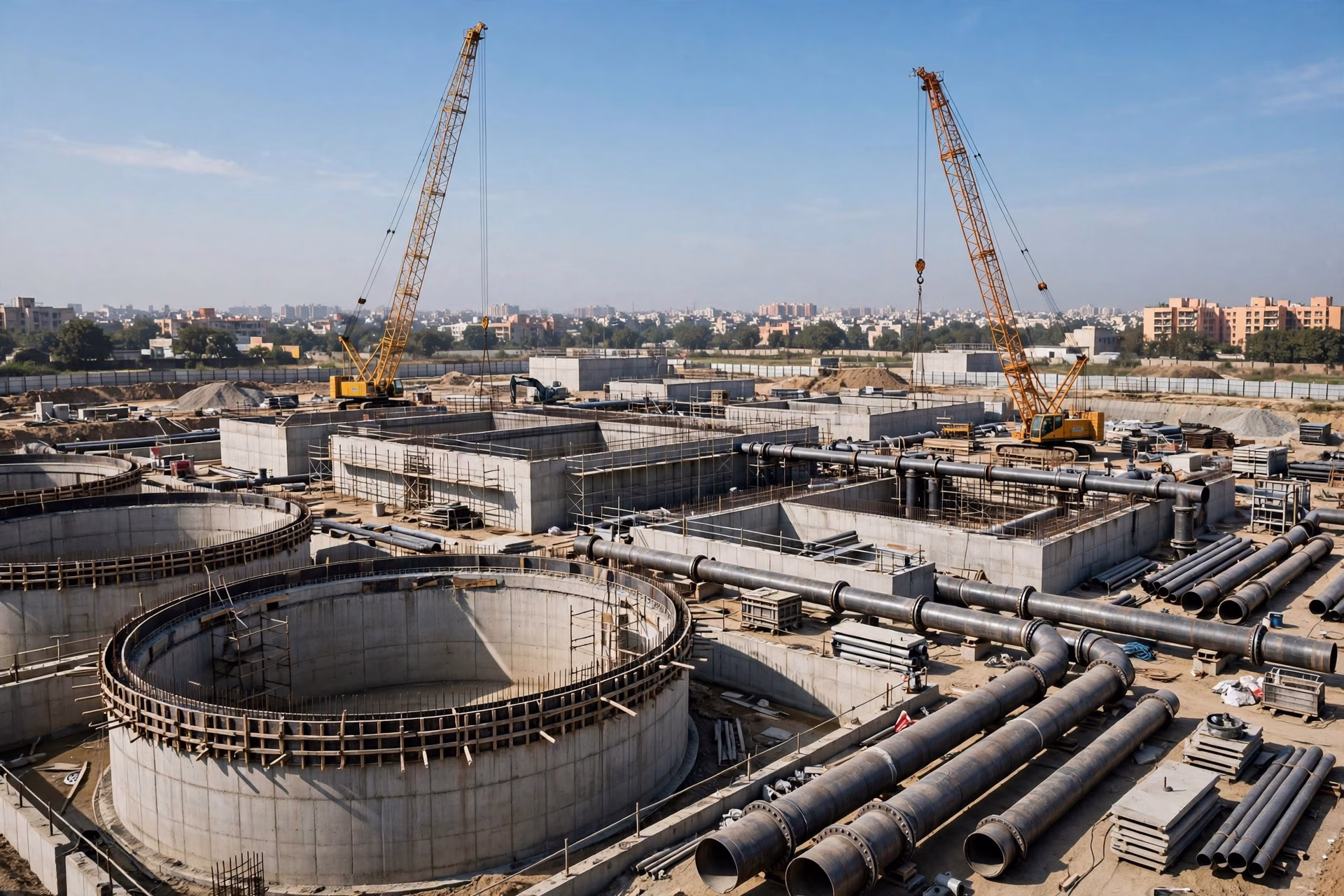 Sewage treatment plant infrastructure under construction in Delhi