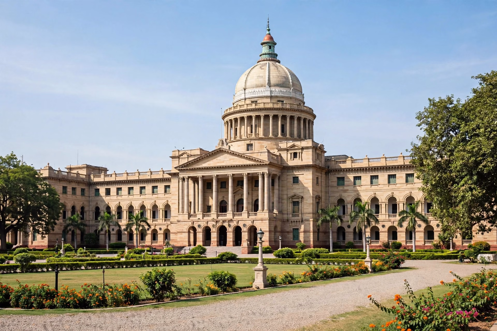 Editorial illustration of the Congress party office building in New Delhi during a joining ceremony