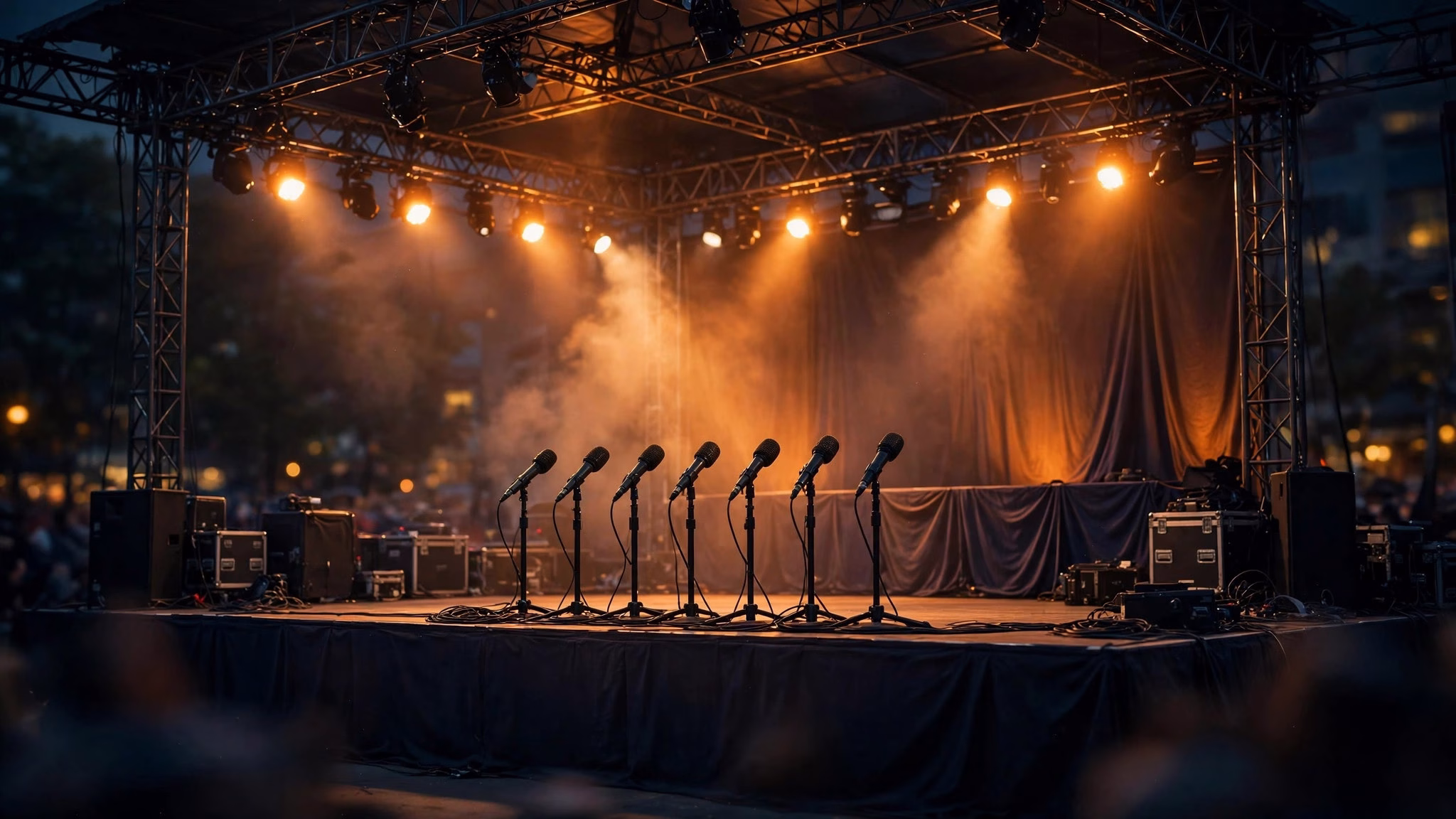 Editorial illustration of a political rally stage with microphones and dramatic warm lighting