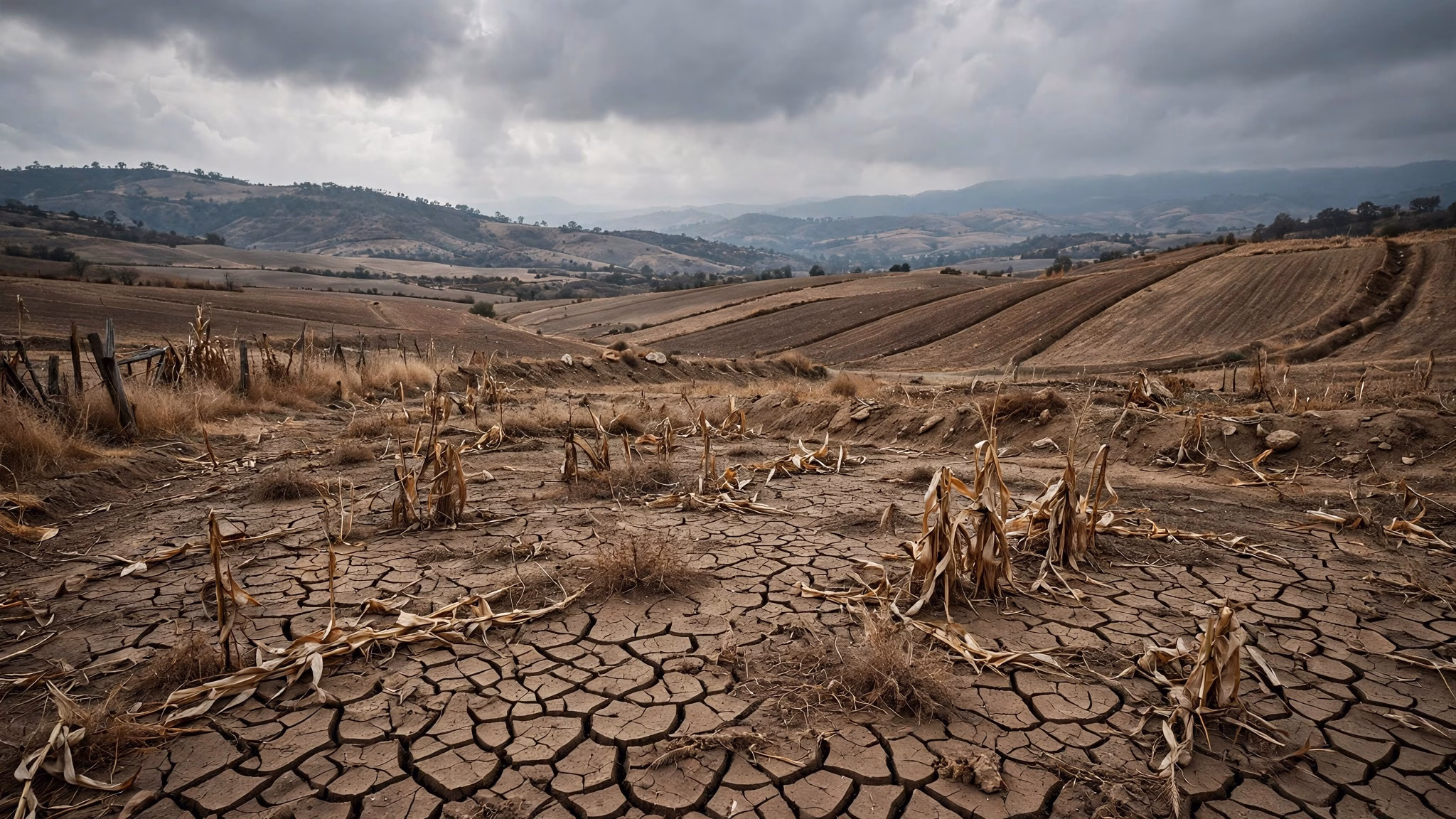 Illustration of drought-affected agricultural fields under a cloudy sky with distant hills