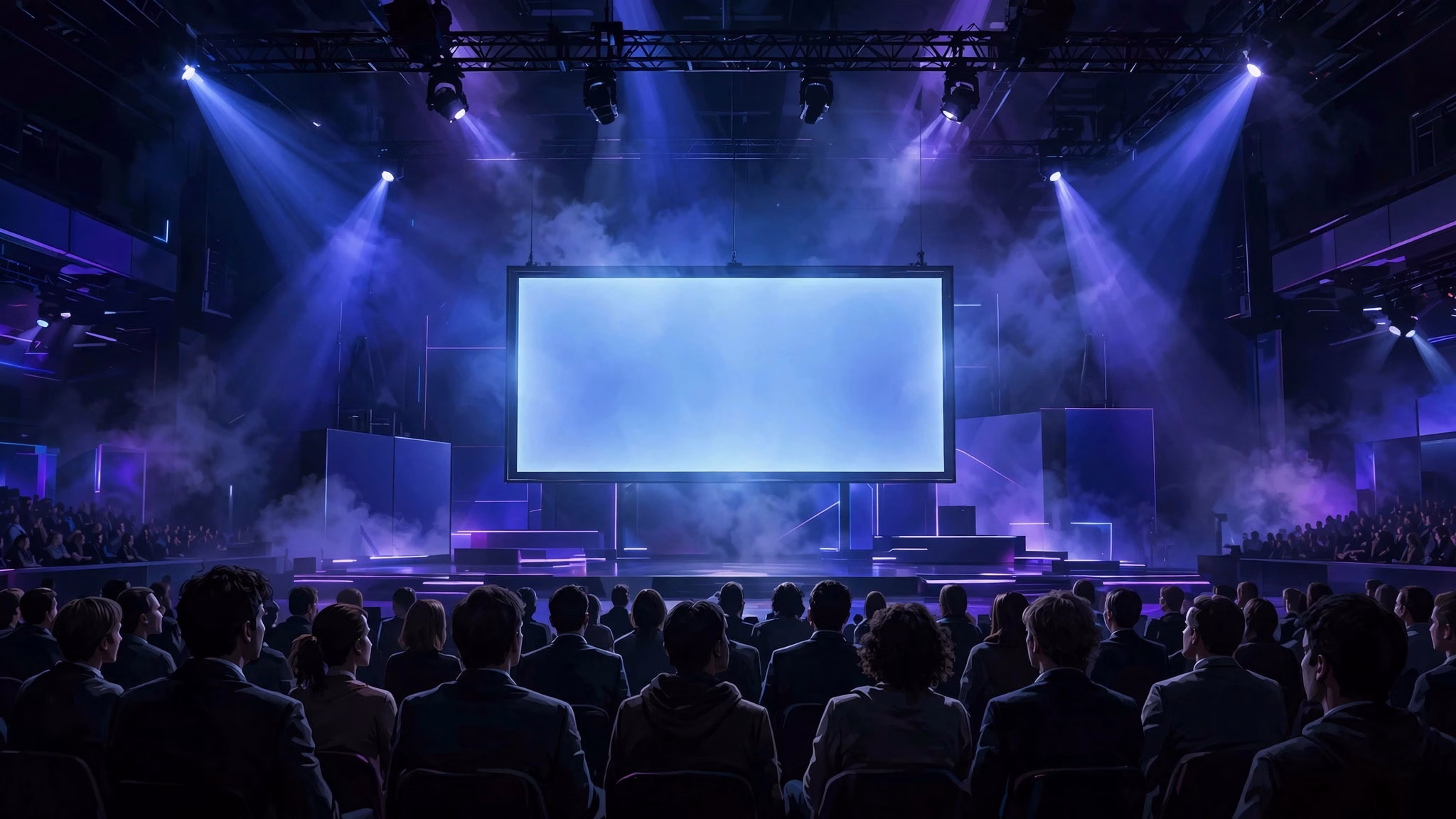 An illuminated stage at a technology launch event with a large screen showing device and software branding