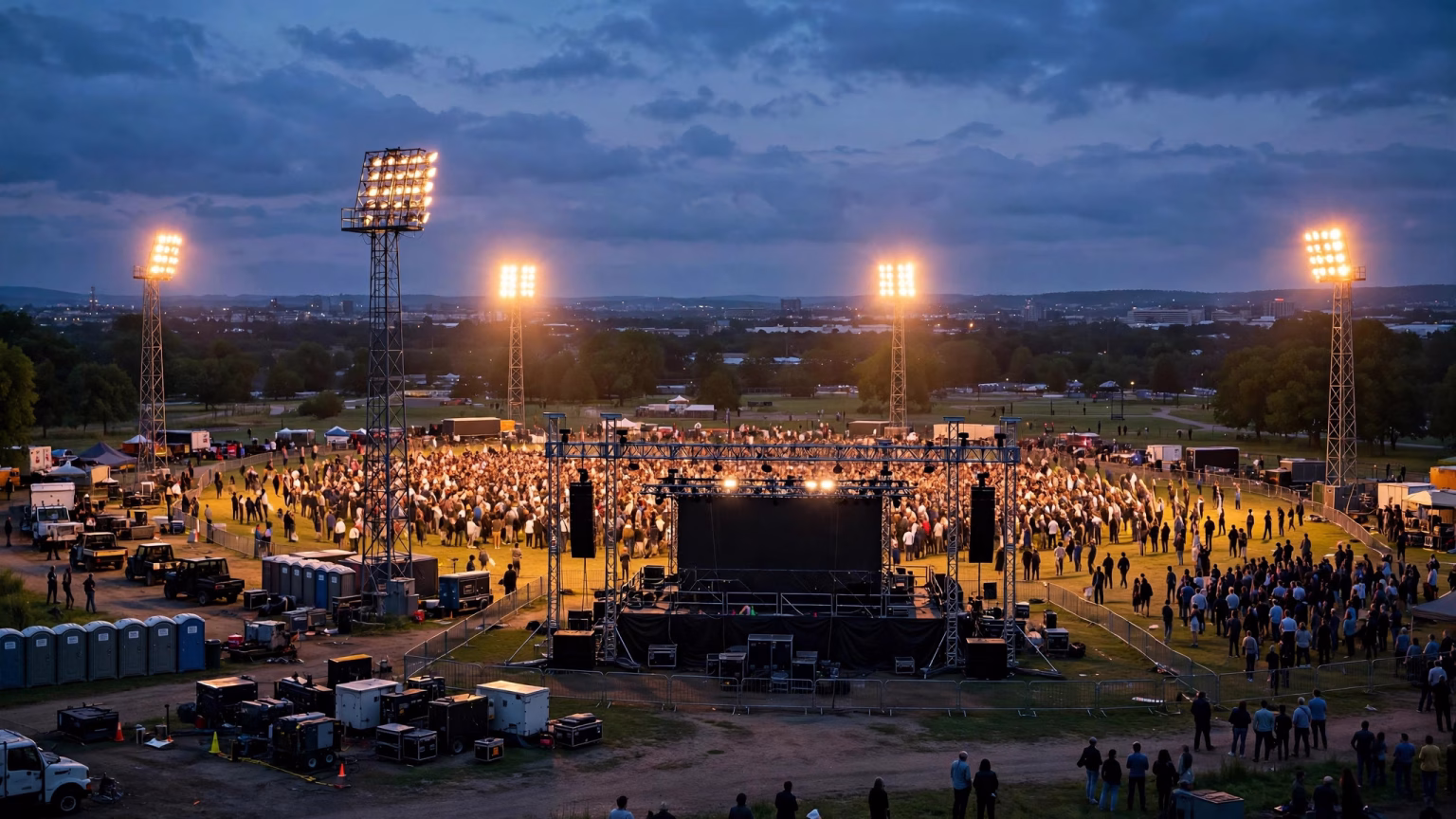 Wide landscape illustration of a large public rally ground at dusk with floodlights