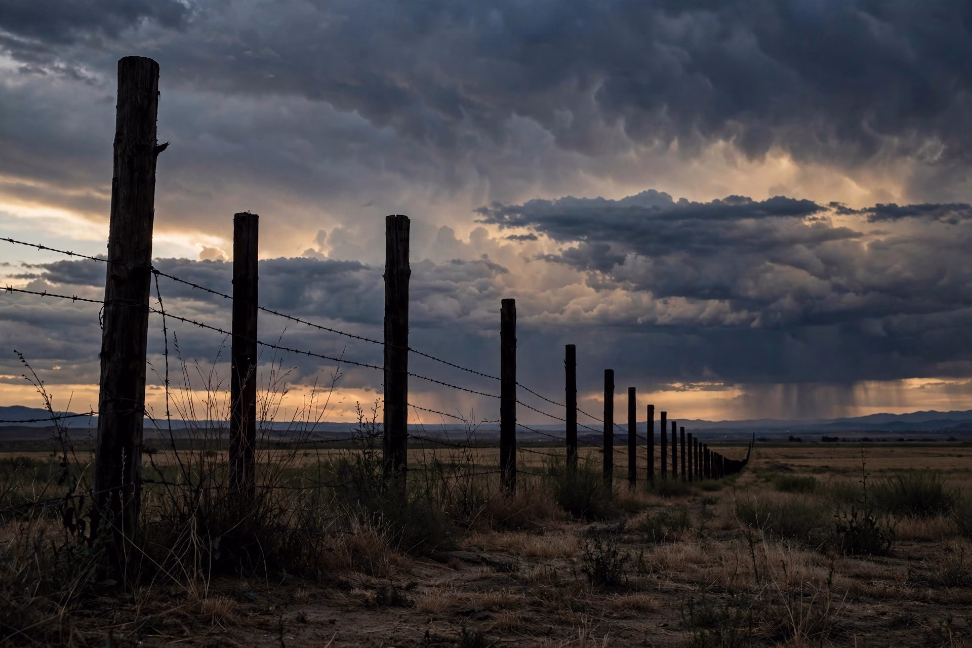 Silhouetted border fence posts against a dramatic evening sky