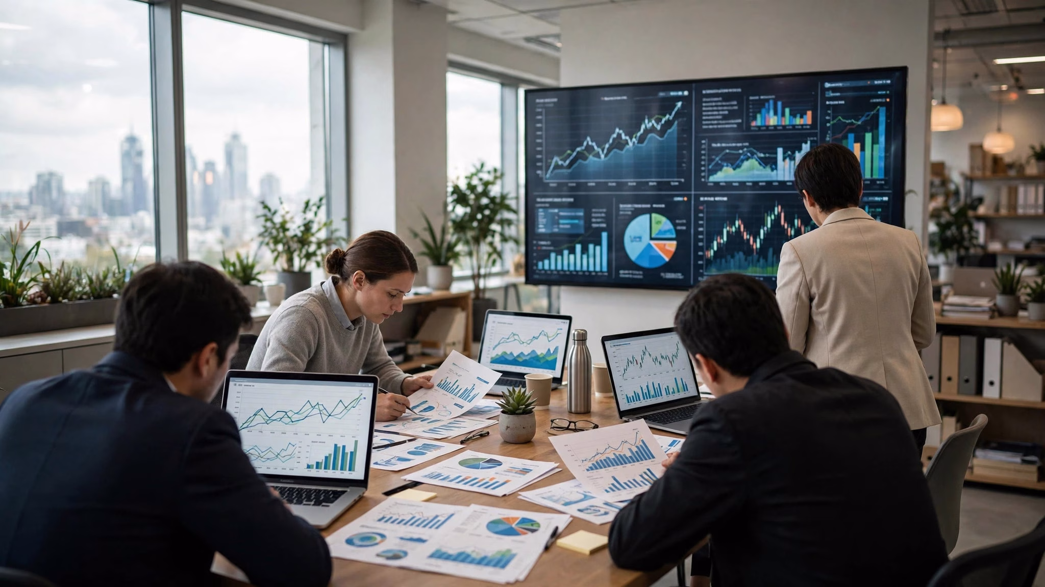 Wide landscape illustration of investors reviewing financial documents and market data on screens in a bright office