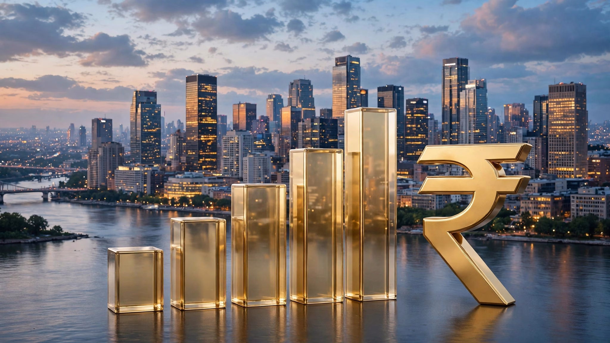 Wide landscape illustration of a rising bar chart and rupee symbol against a city skyline backdrop