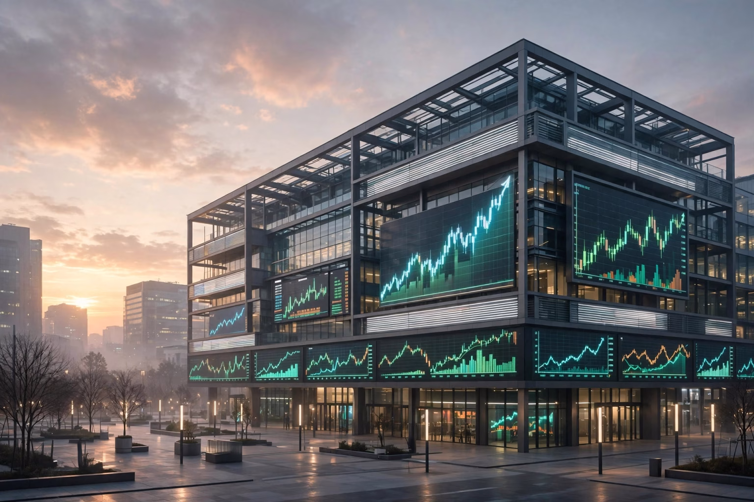 Jio Platforms IPO Opens: India’s Biggest-Ever ₹30,213 Crore Issue Now Live for Investors Wide landscape illustration of a modern stock market exchange building with rising chart graphics and digital tickers at dawn